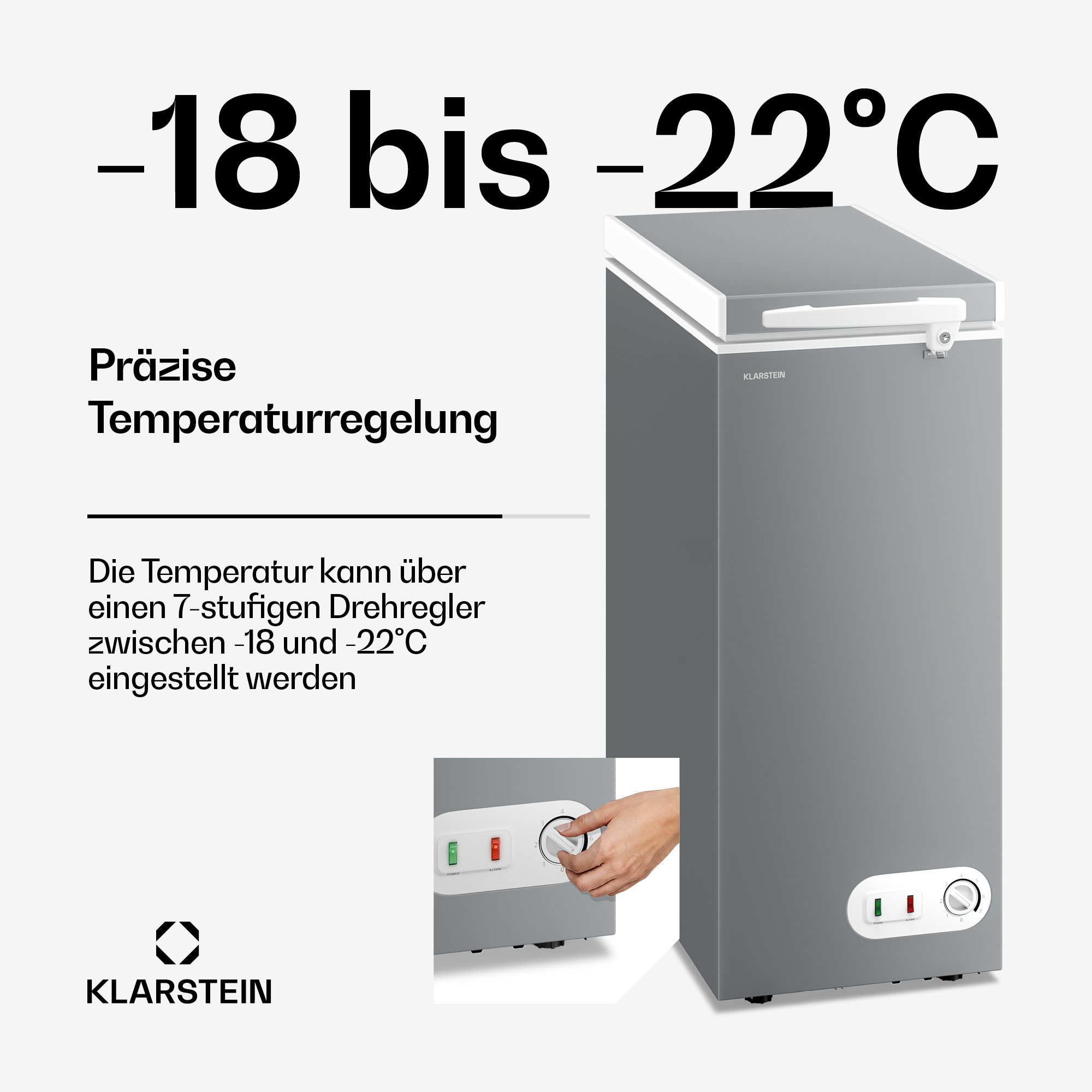 Graue Klarstein Tiefkühltruhe mit Text zur Temperaturregelung von -18 bis -22°C.