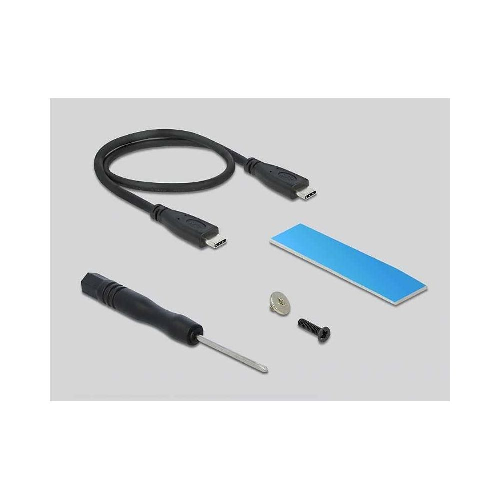 Ein schwarzes USB-Kabel, ein blauer Klebestreifen, ein Schraubenzieher, eine Unterlegscheibe und eine Schraube.