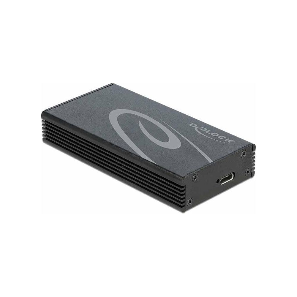 Ein schwarzes Delock Festplattengehäuse mit gerippten Seiten und einem USB-Anschluss auf der Vorderseite.