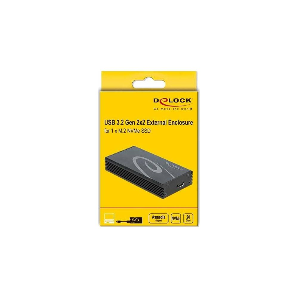 Delock USB 3.2 Gen 2x2 externes Gehäuse für M.2 NVMe SSD in gelber Verpackung.