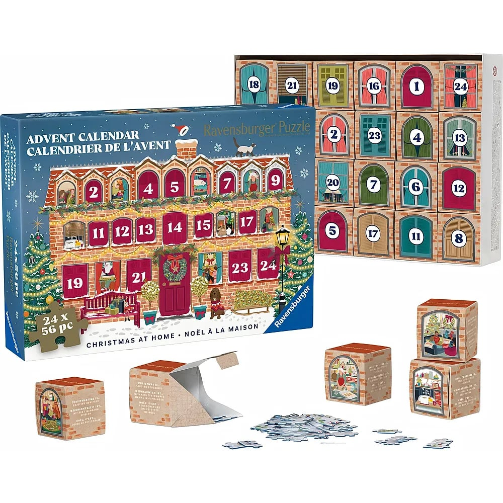 Calendario dell'avvento puzzle con 24 scatole, illustrazioni natalizie e pezzi sparsi.