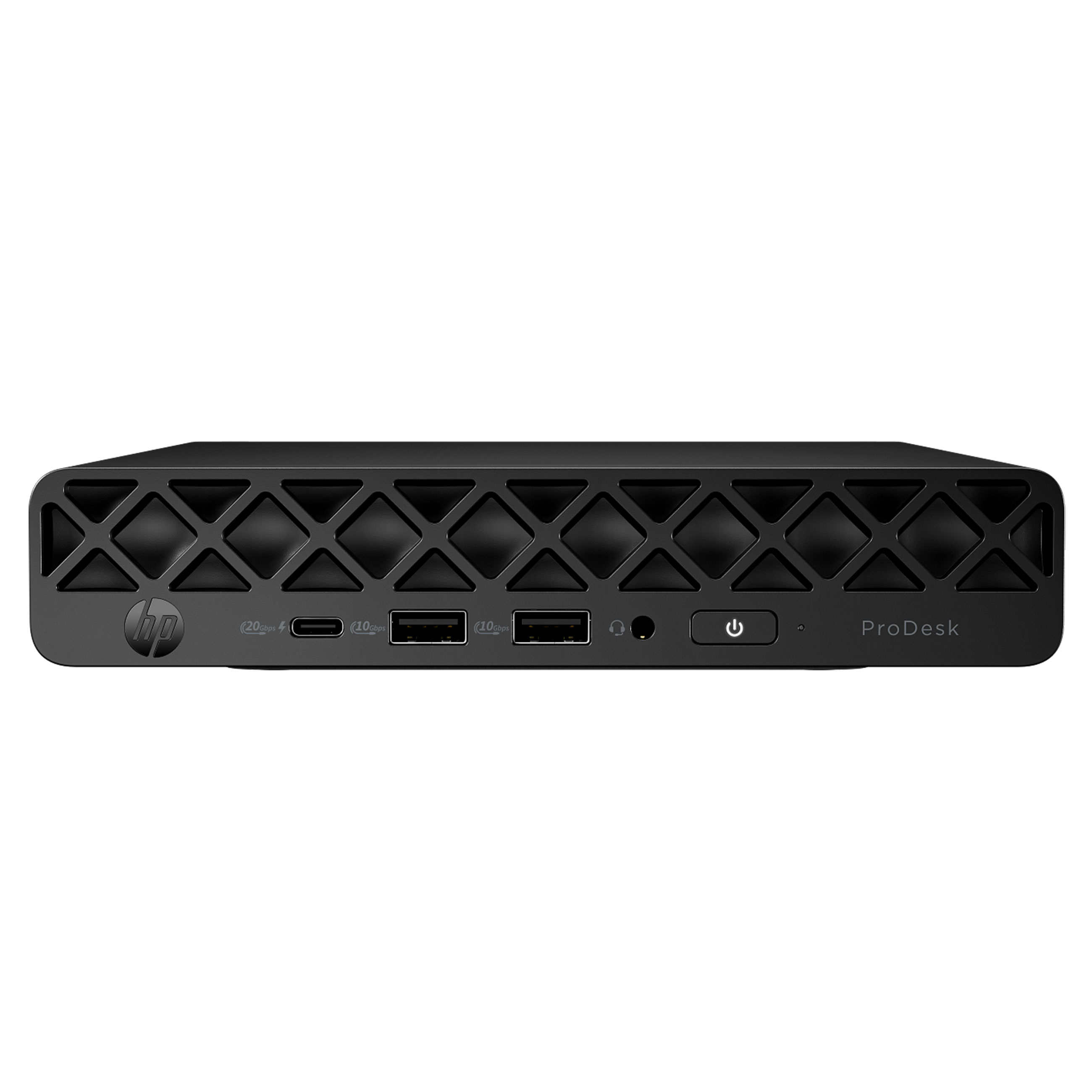 Vorderansicht eines schwarzen HP ProDesk Mini-PCs mit Anschlüssen und Gitter.