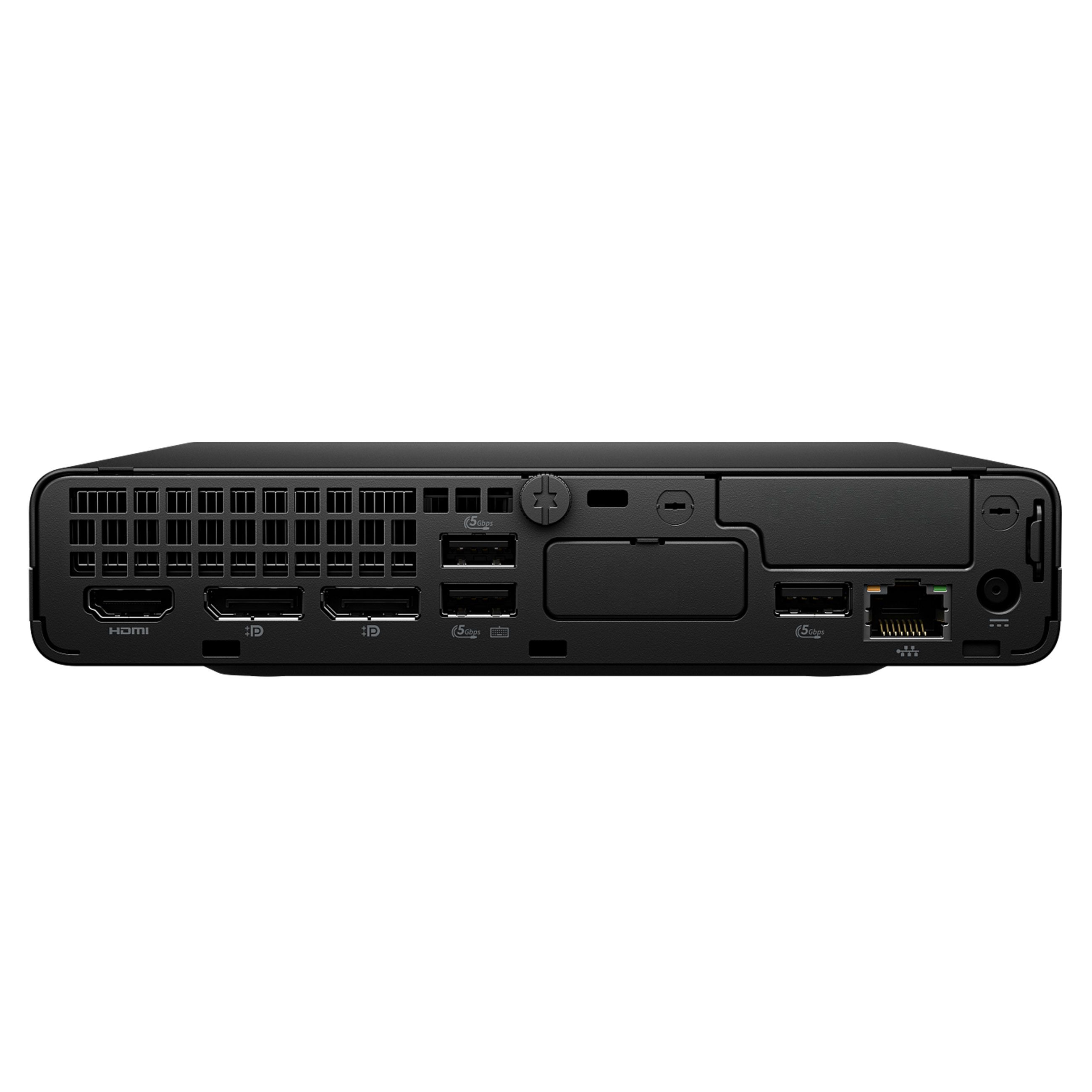 Rückseite eines schwarzen Mini-PCs mit HDMI-, DisplayPort-, USB- und Ethernet-Anschlüssen.