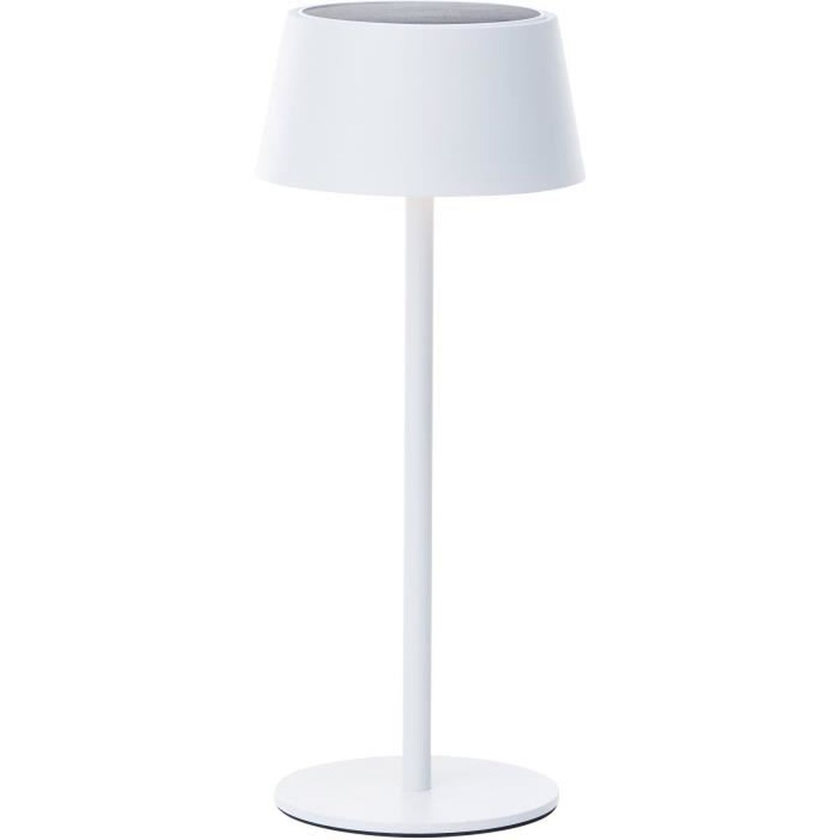 Eine schlichte weiße Tischlampe mit rundem Fuß und Schirm auf weißem Hintergrund.