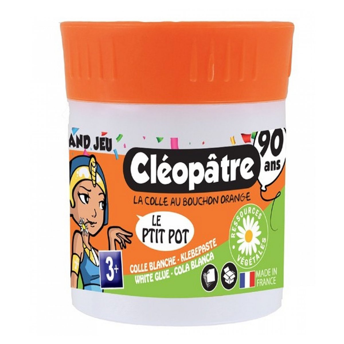Ein weißer Klebstoffbehälter mit einem hellen orangefarbenen Deckel, Cleopatre-Logo und ägyptischer Cartoon-Figur.