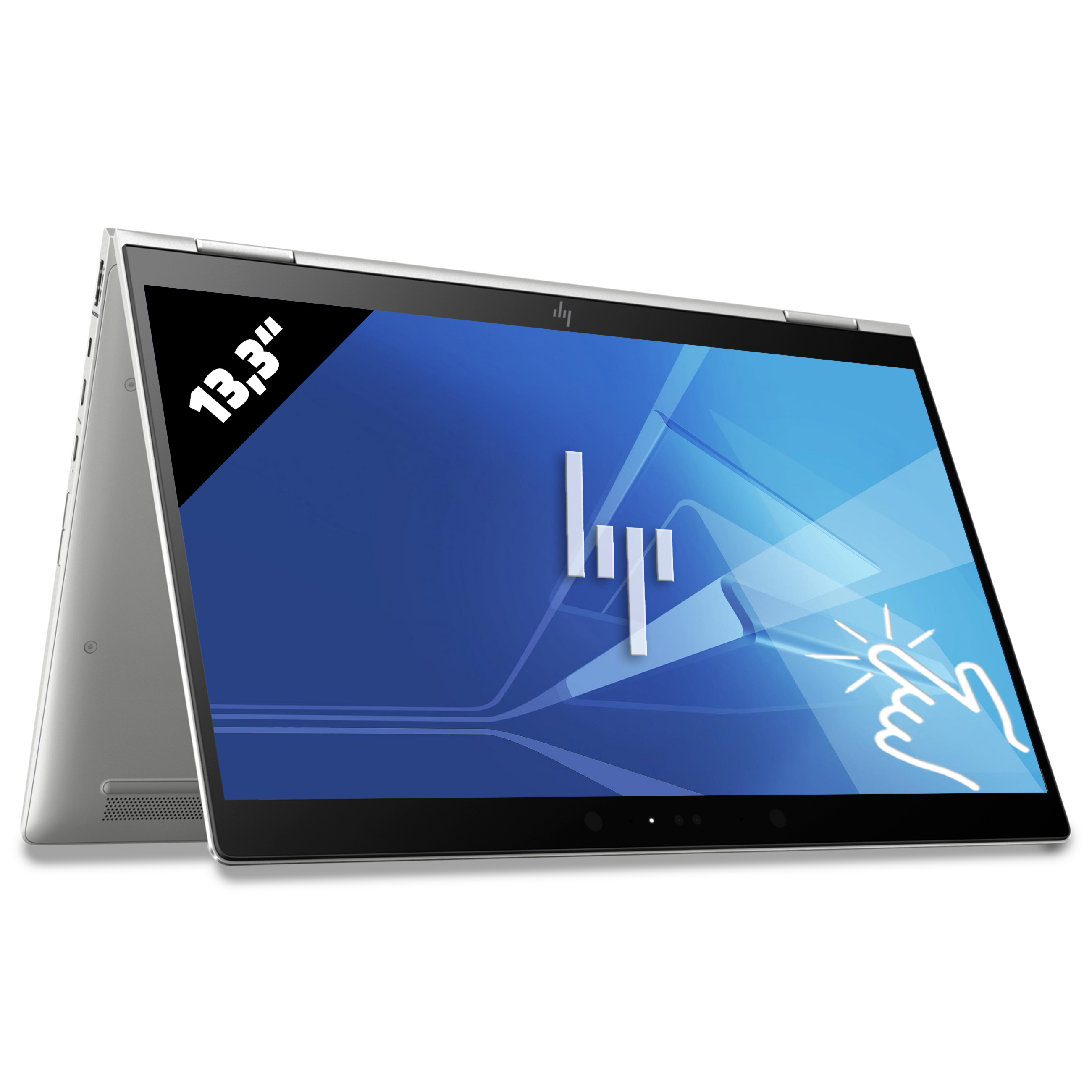 Silberner 13,3-Zoll-HP-Laptop mit Touchscreen-Symbol und blauem Bildschirm.