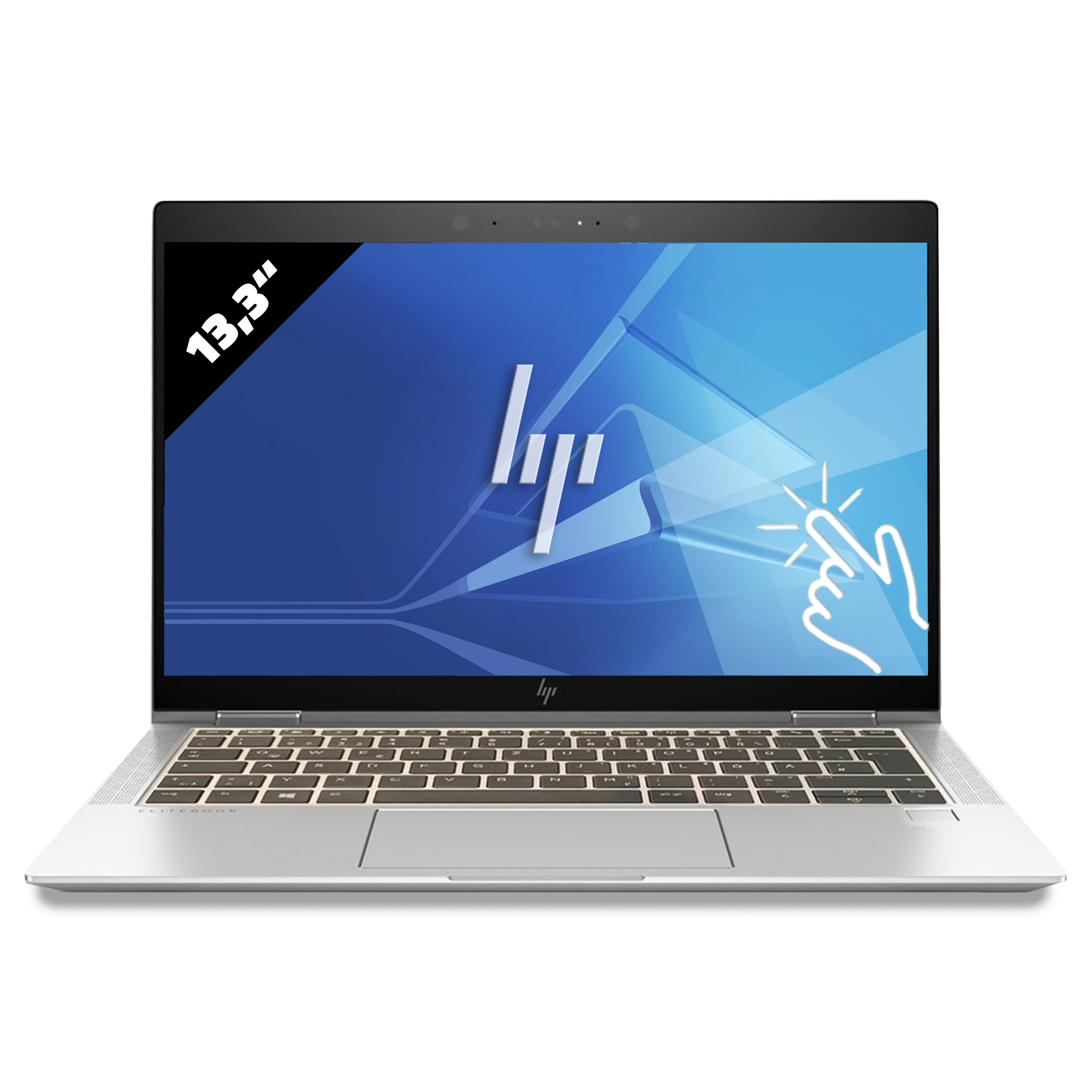 Ein silberner HP Laptop mit einem 13,3-Zoll-Bildschirm, der ein blaues Design zeigt.