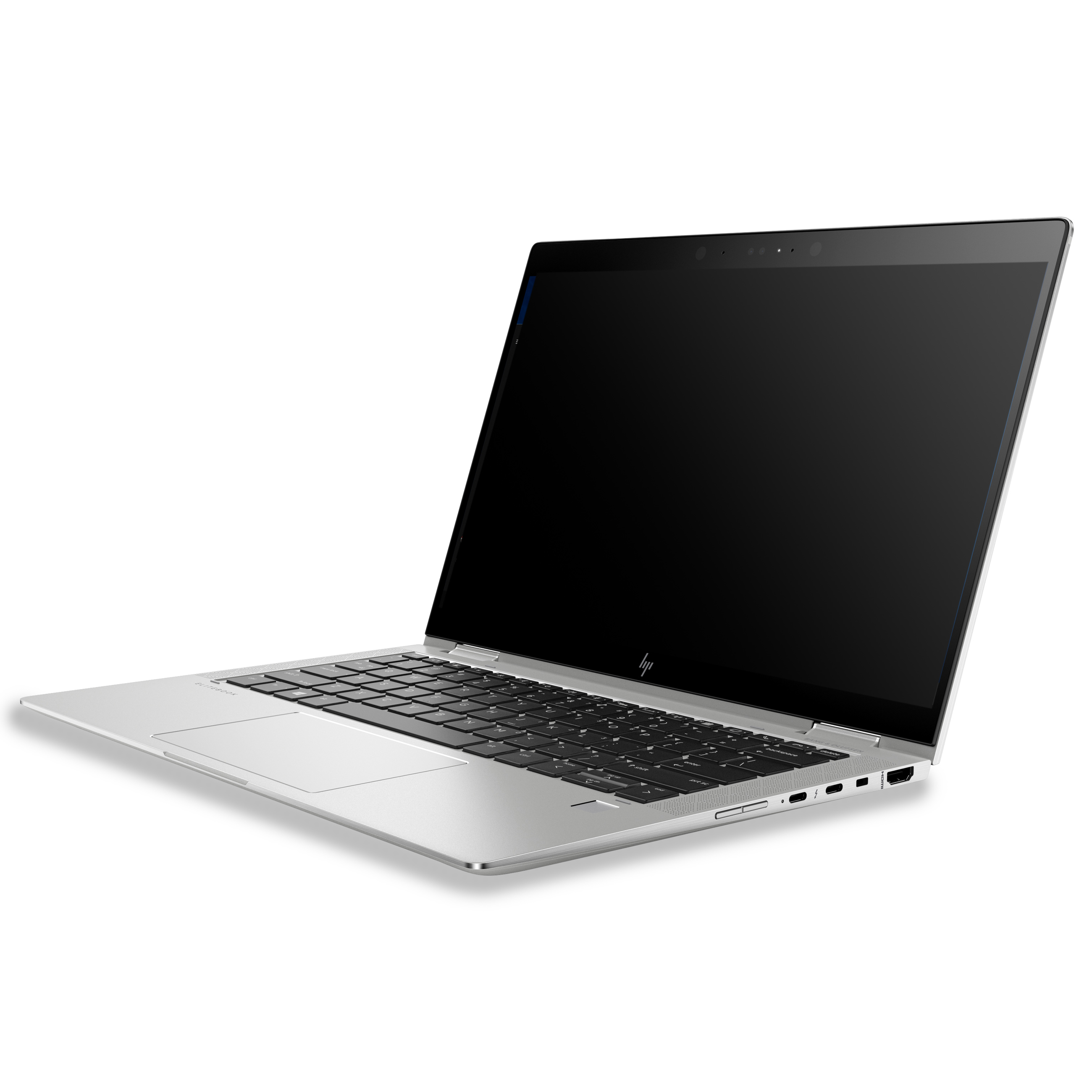Ein silberner Laptop mit schwarzer Tastatur und dunklem Bildschirm auf weißem Hintergrund.