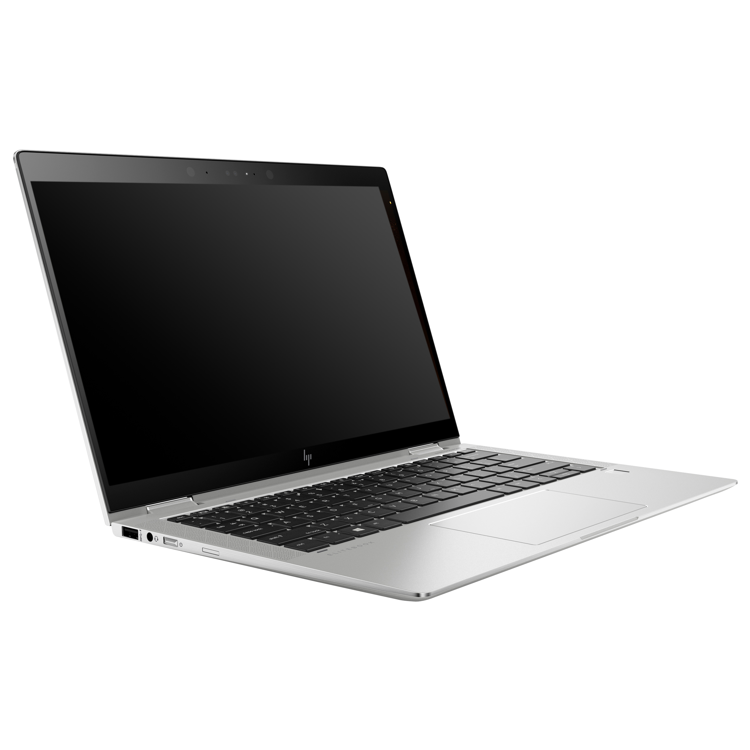Ein silberner Laptop mit schwarzer Tastatur und Bildschirm, angewinkelt vor weißem Hintergrund.