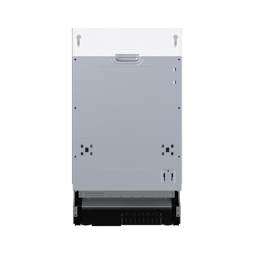 Front view of an integrated dishwasher with a grey metal body, white top control panel, and black base.