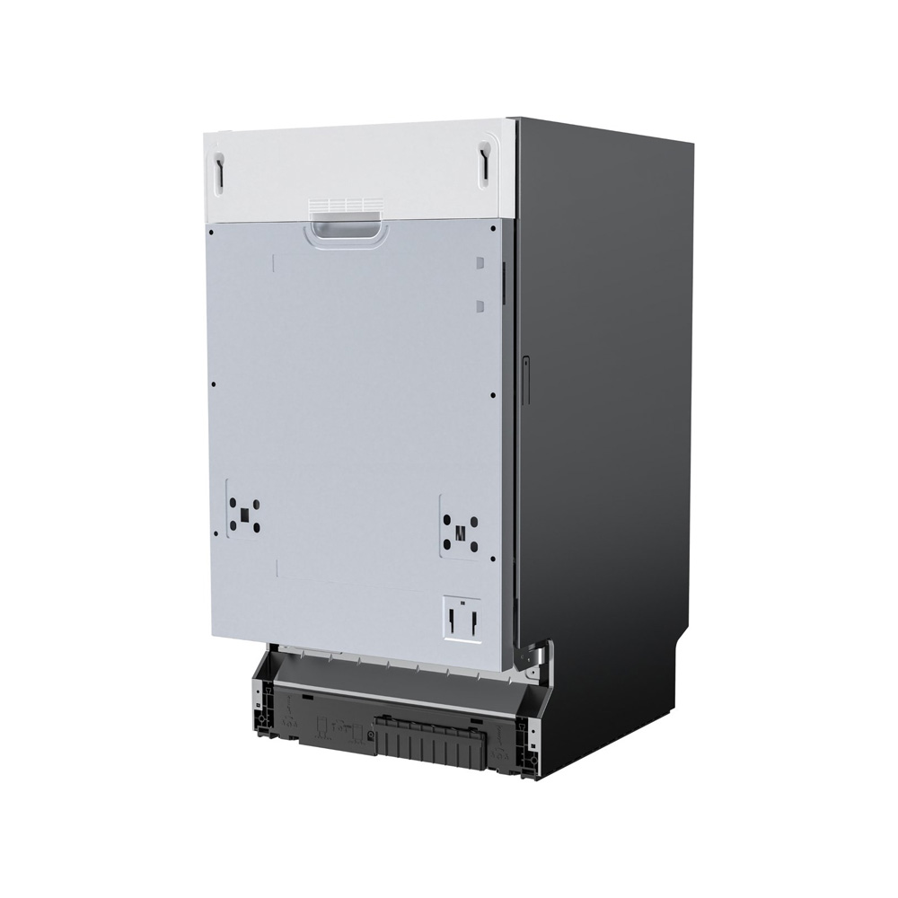 Side and front view of a modern built-in dishwasher with a metallic panel.