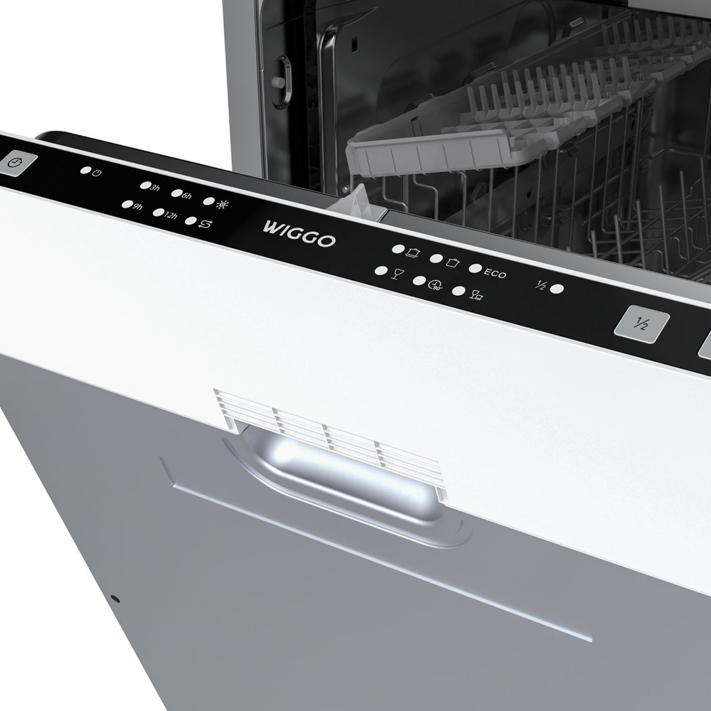 Open white Wiggo dishwasher featuring a black control panel and visible upper racks.
