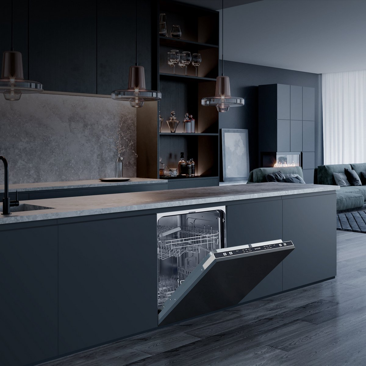 Modern black kitchen island with an open dishwasher in a luxurious open-plan interior.