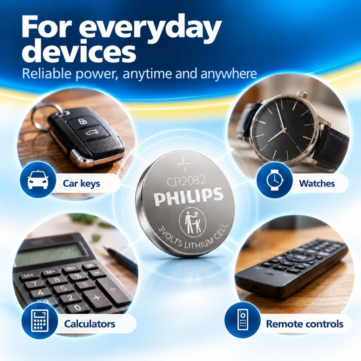 Pila de litio Philips CR2032 mostrada con llaves de auto, reloj, calculadora y control remoto.