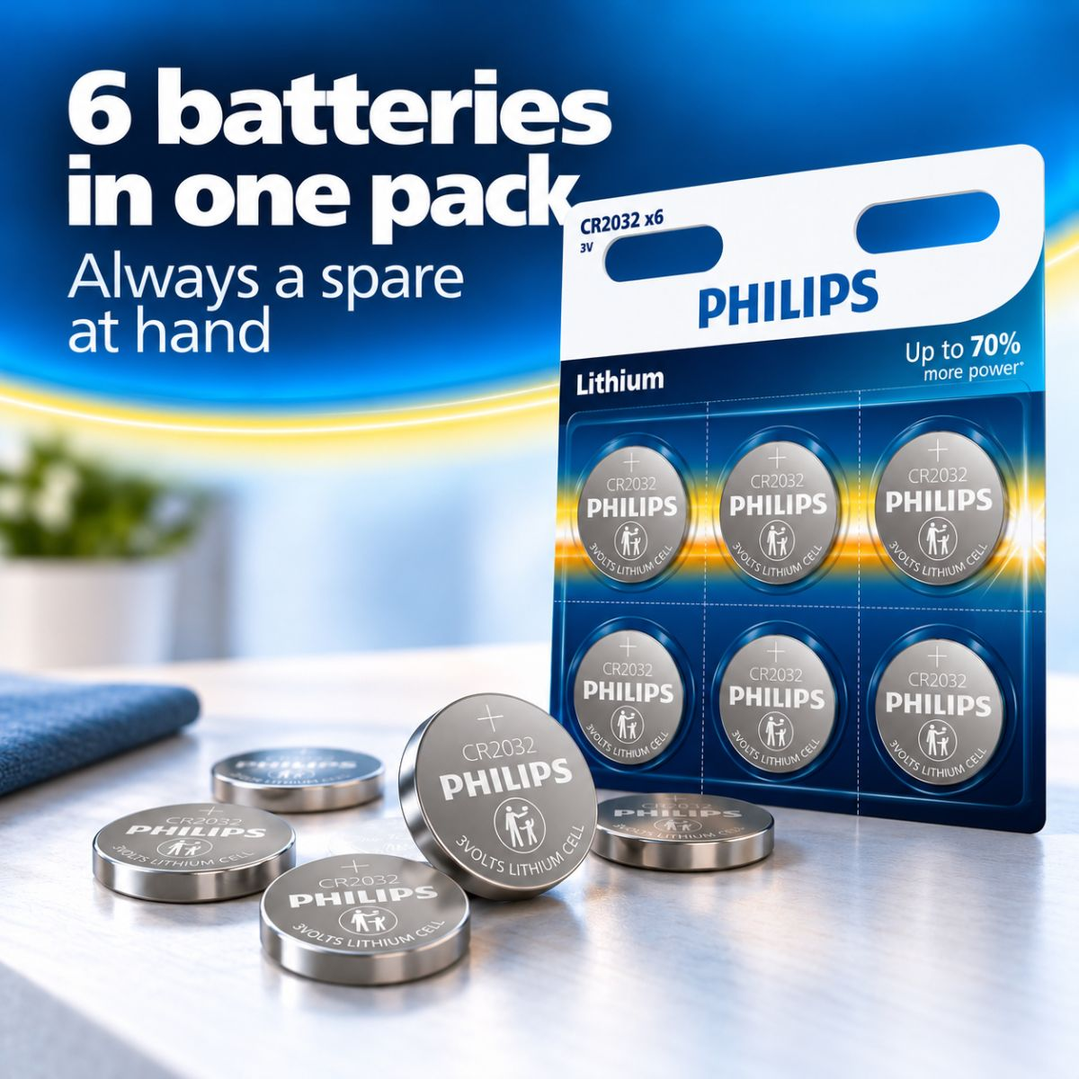 Un paquete de pilas de botón de litio Philips CR2032 con seis pilas en una superficie de madera.