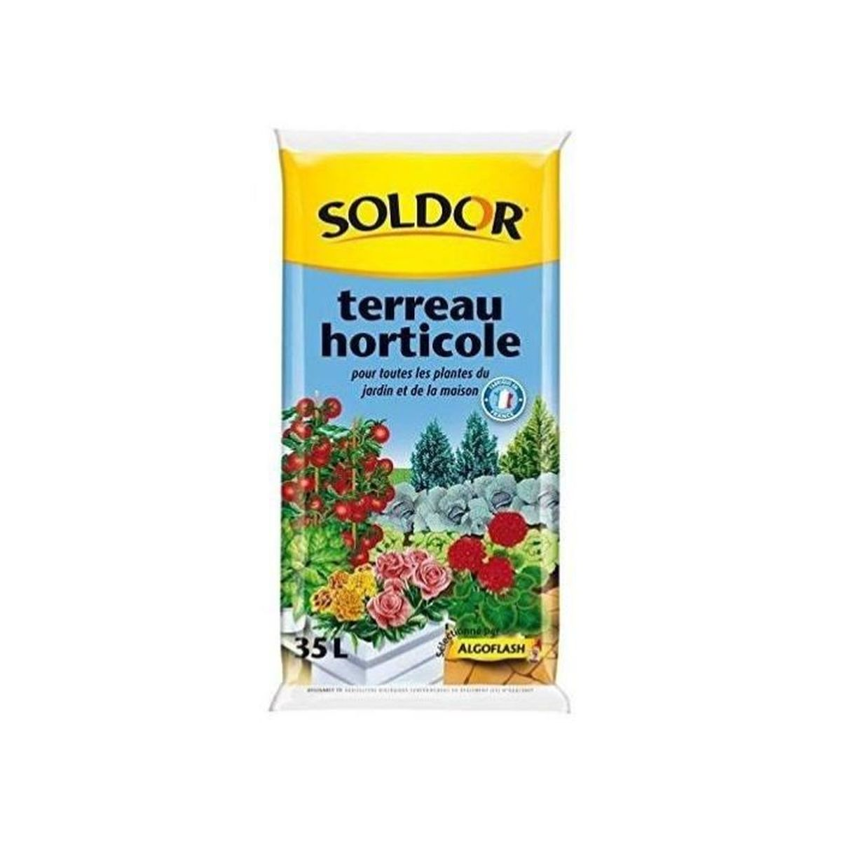 Eine 35-Liter-Tüte Soldor Gartenerde mit Tomaten- und Blumenmotiven.