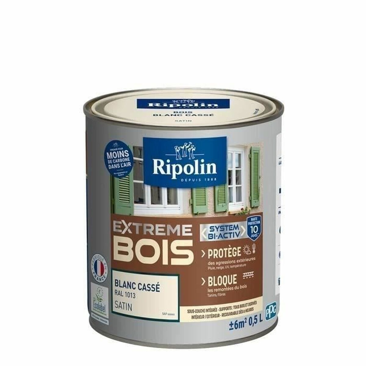 Ripolin Holzlackdose in Grau mit blauen und braunen Akzenten zeigt ein Fenster mit grünen Fensterläden.