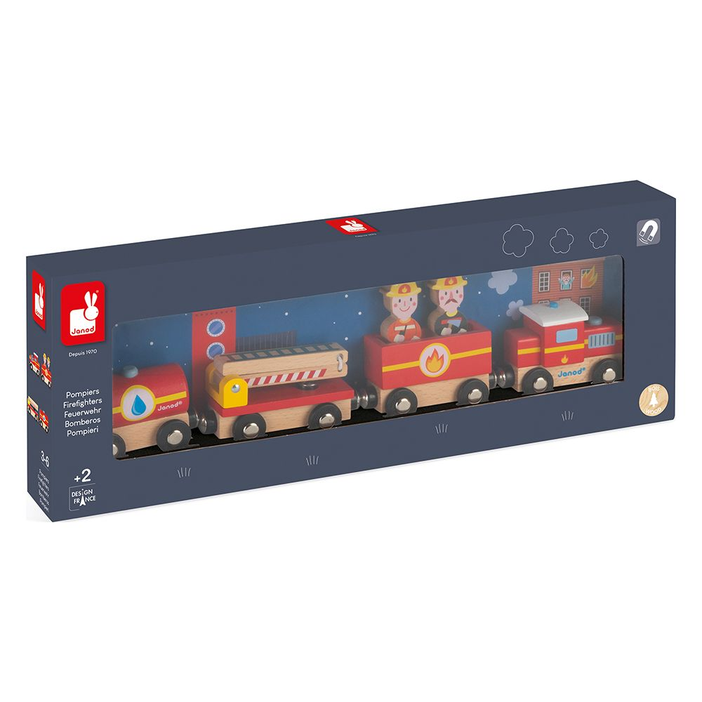Eine Janod Holzfeuerwehr-Zugset-Verpackung zeigt bunte Waggons mit Feuerwehrmännern und einer Leiter.