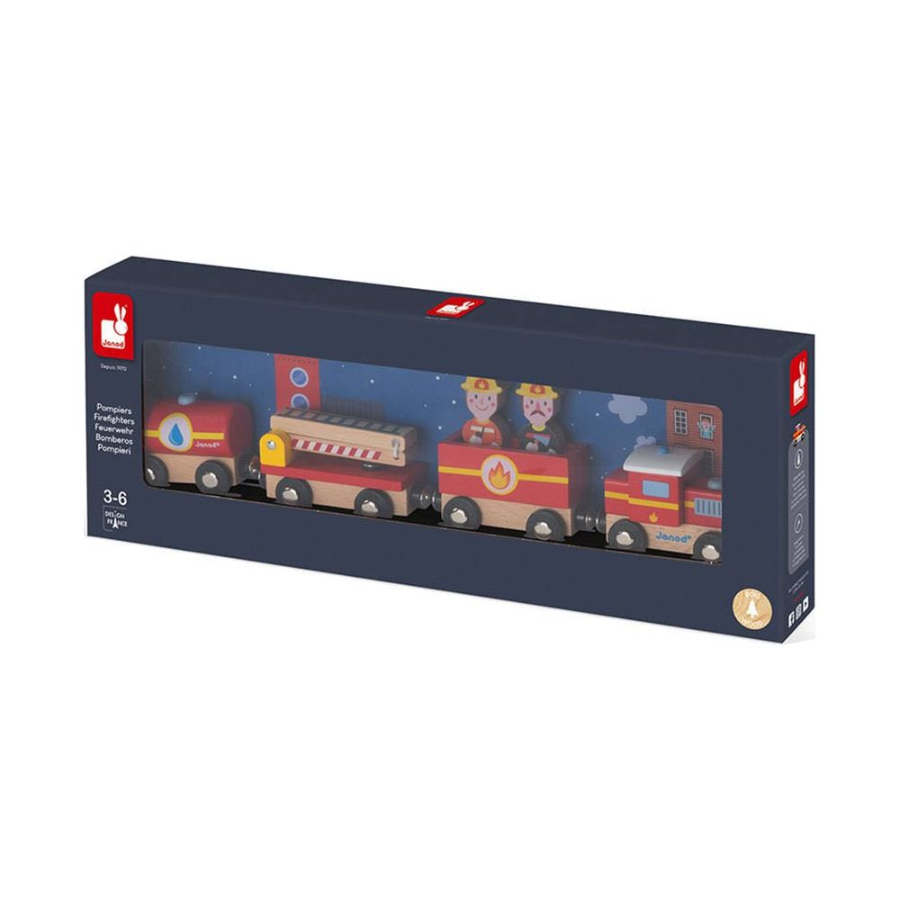 Ein hölzernes Feuerwehrauto-Spielzeugset in einer blauen Box mit Feuerwehrleuten und Waggons.