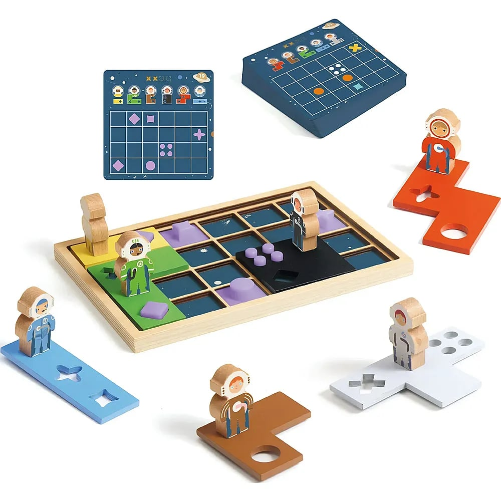 Ein Lern-Holzbrettspiel zum Thema Weltraum mit Puzzleteilen, Gittern und hölzernen Astronautenfiguren auf weißer Oberfläche.