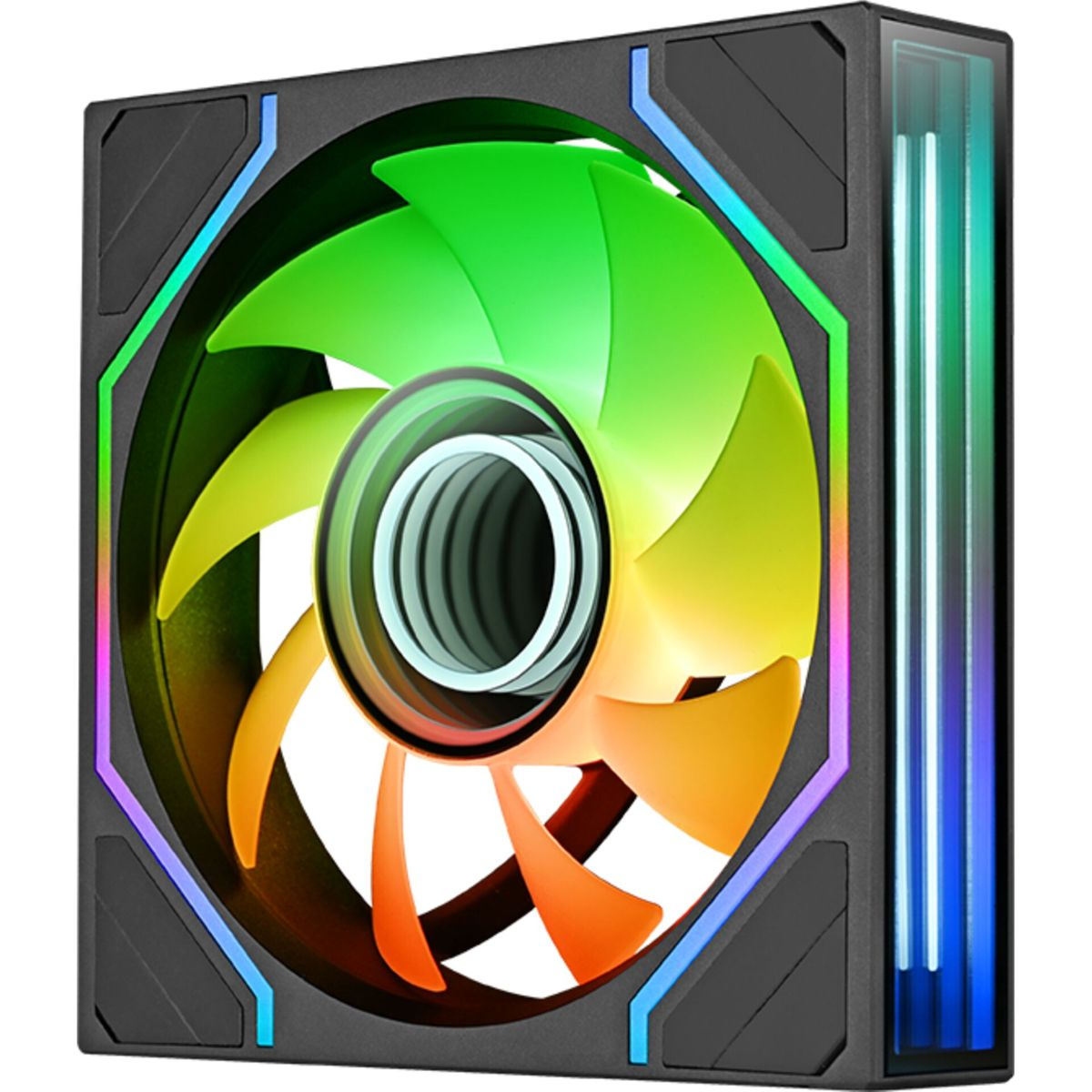 Ein quadratischer PC-Lüfter mit schwarzem Rahmen und bunten RGB-Leuchtringen und -rotor.