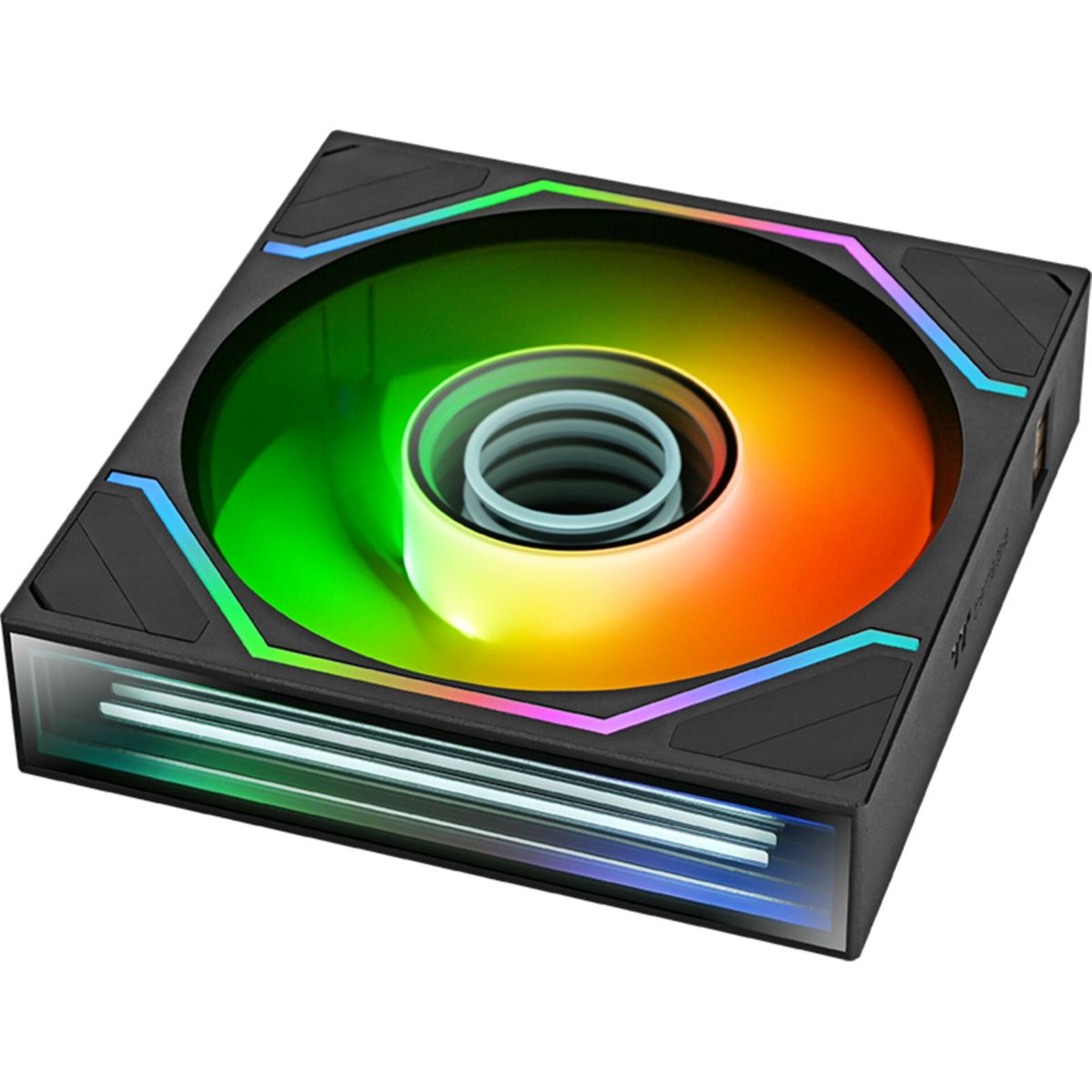 Quadratischer schwarzer Computerlüfter mit lebendiger Regenbogen-RGB-Beleuchtung und rundem Design in der Mitte.