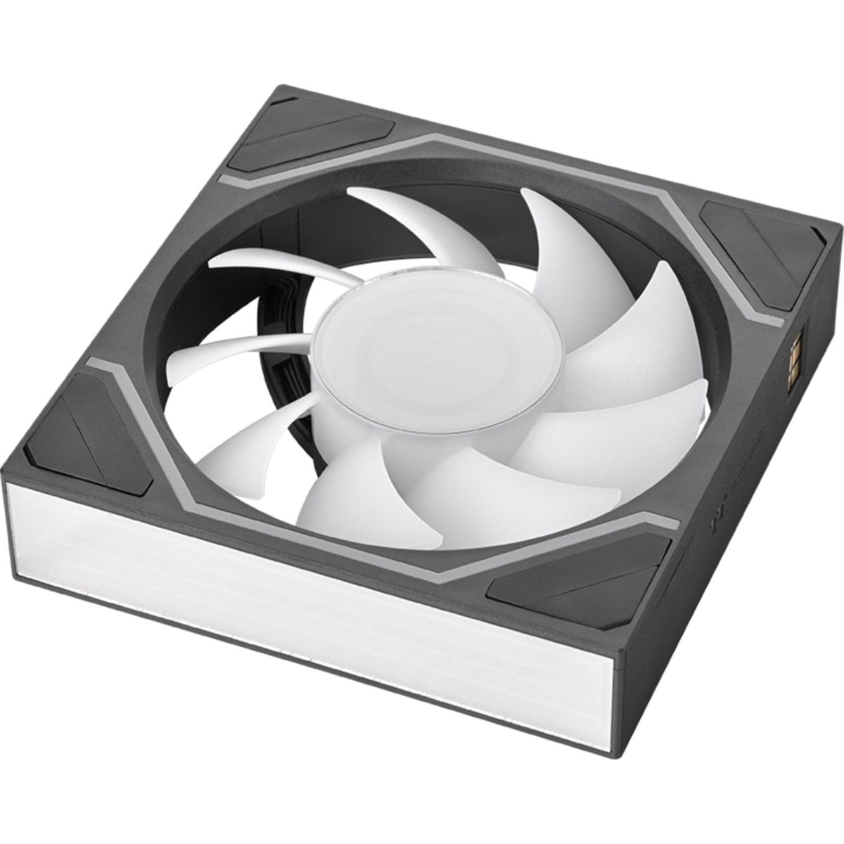 Ein quadratischer PC-Lüfter mit schwarzem Rahmen, weißen Rotorblättern und beleuchtbaren Seiten.