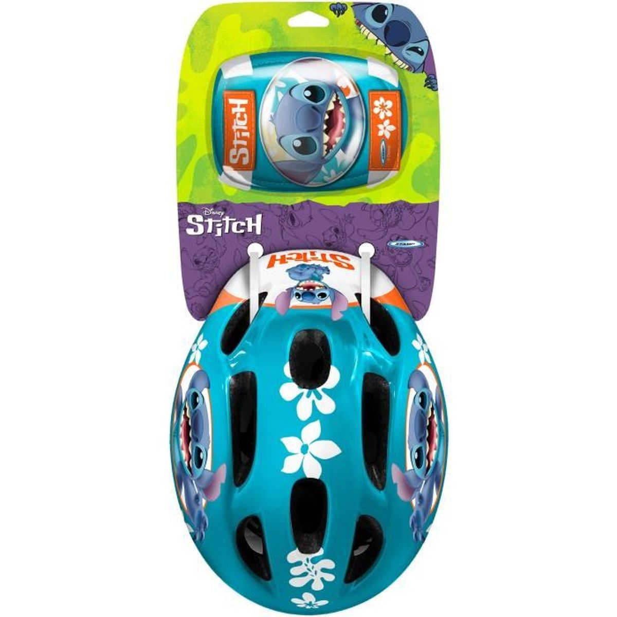 Disney Stitch Helm in Blau mit Blumenmuster und Aufbewahrungsschachtel.