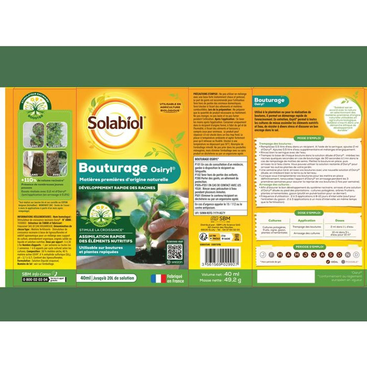 Grüne Produktverpackung von Solabiol Bouturage Osiryl mit Anleitungen und Pflanzengrafiken.