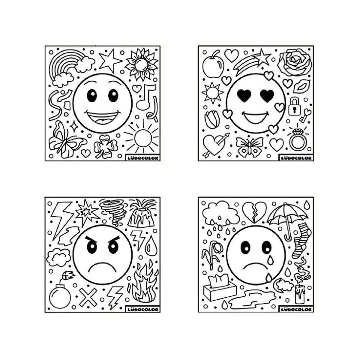 Vier Schwarz-Weiß-Maltafeln mit Emojis mit glücklichen, verliebten, wütenden und traurigen Ausdrücken, umgeben von Symbolen.