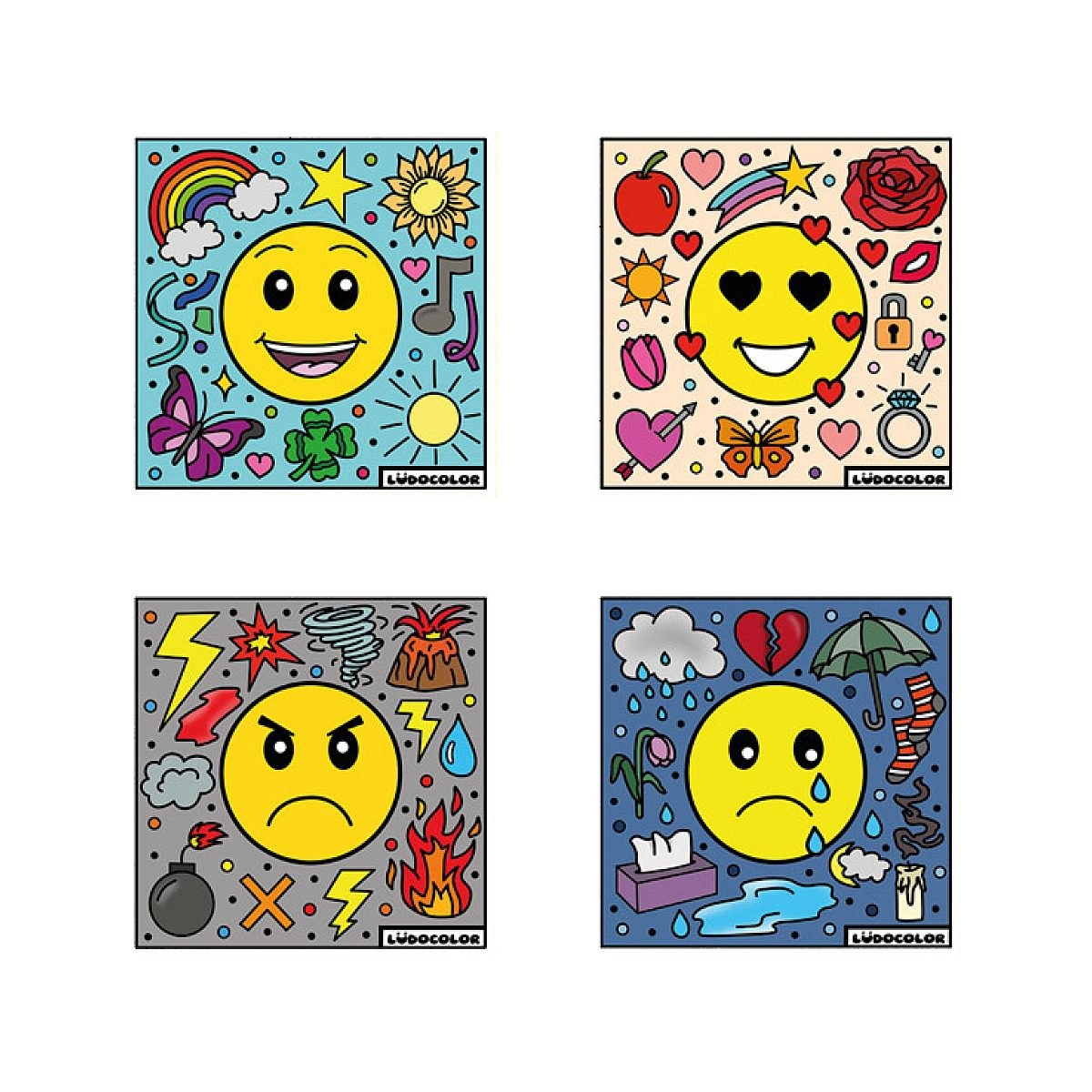 Vier farbige Quadrate zeigen gelbe Emojis mit verschiedenen Gesichtsausdrücken und umgebenden Icons.