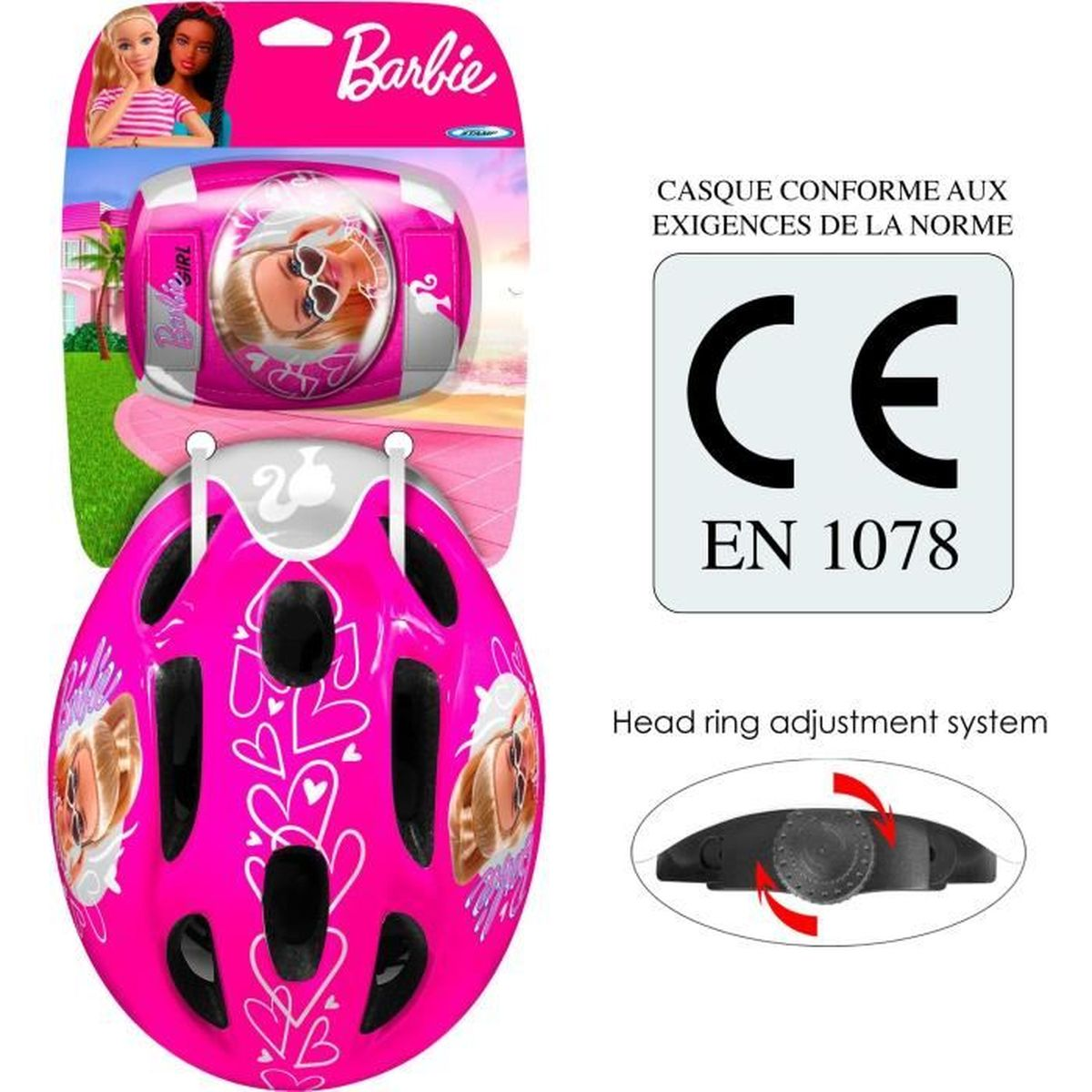 Rosa Barbie Kinderfahrradhelm mit passenden Ellenbogenschonern, CE-Sicherheitszertifizierung und verstellbarem Ring.