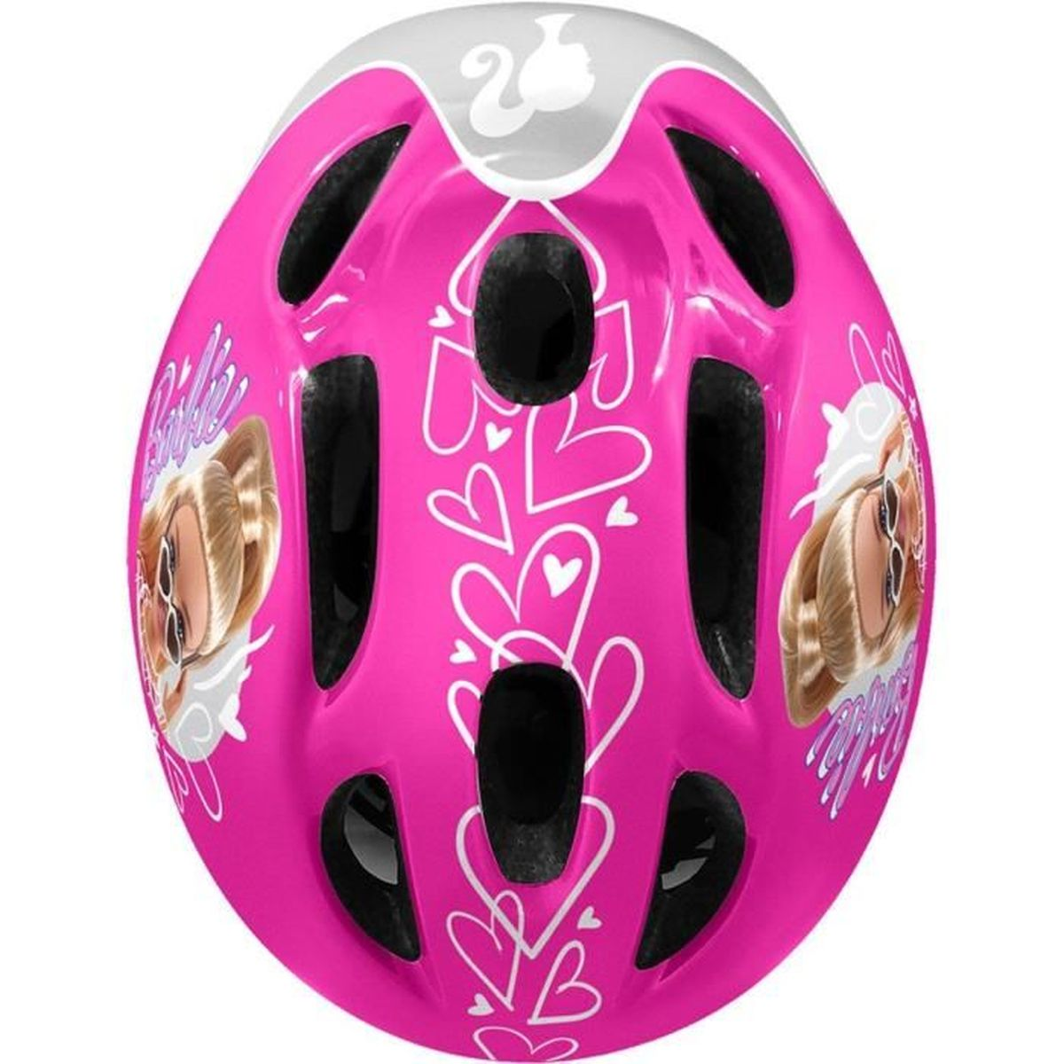 Ein pinker Barbie-Fahrradhelm mit weißen Herzen und Grafiken.