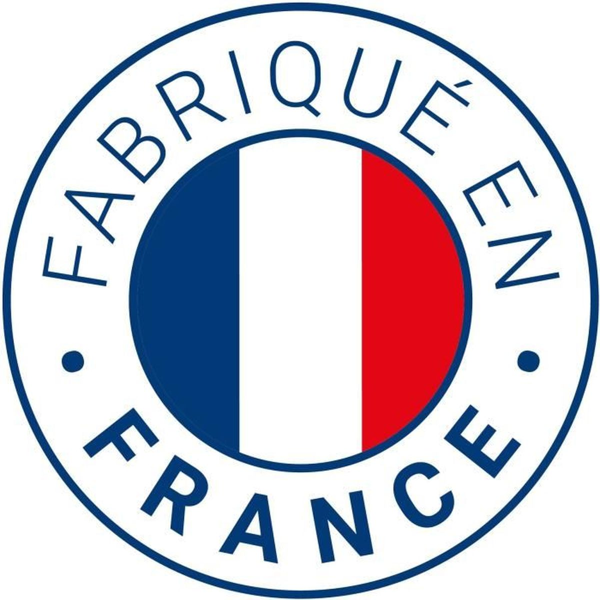 Rundes Emblem mit der französischen Flagge und der Aufschrift "Fabriqué en France".