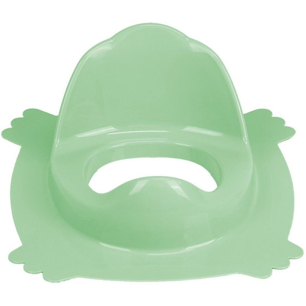 Ein hellgrüner Toilettensitz für Kinder mit hoher Rückenlehne.