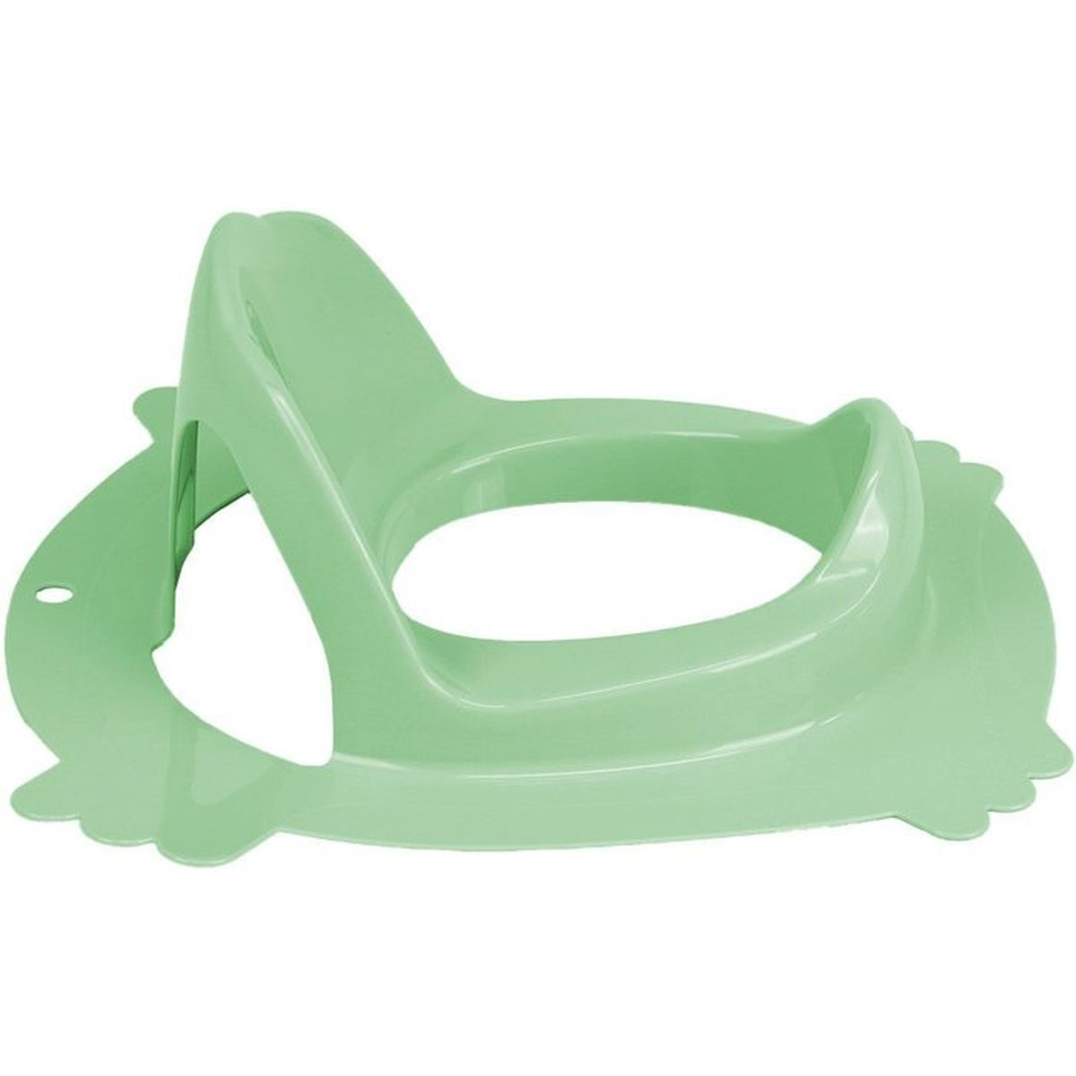 Ein mintgrüner Plastik-Toilettensitz für Kinder auf weißem Hintergrund.