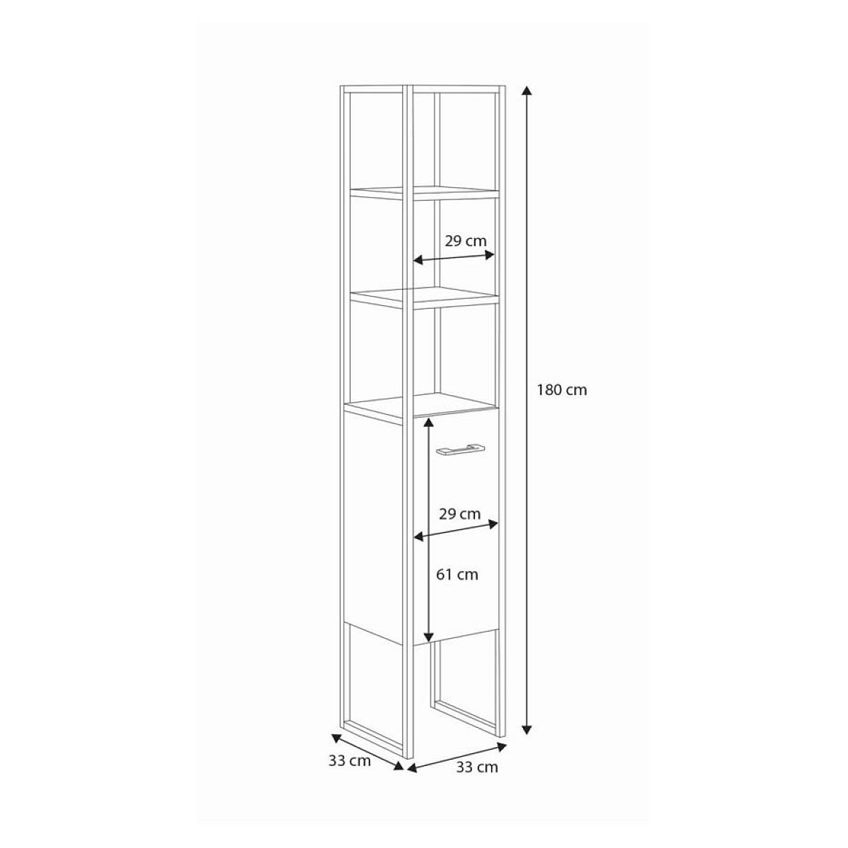 Technische Zeichnung eines hohen Regals mit Maßen in Zentimetern.