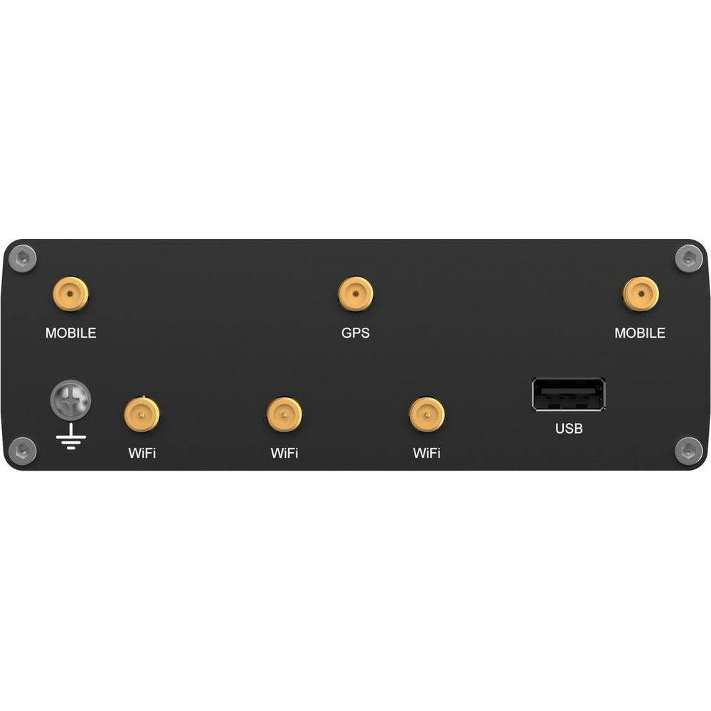 Panneau arrière d'un appareil noir avec ports d'antenne mobiles, GPS, WiFi, port USB et vis de terre.