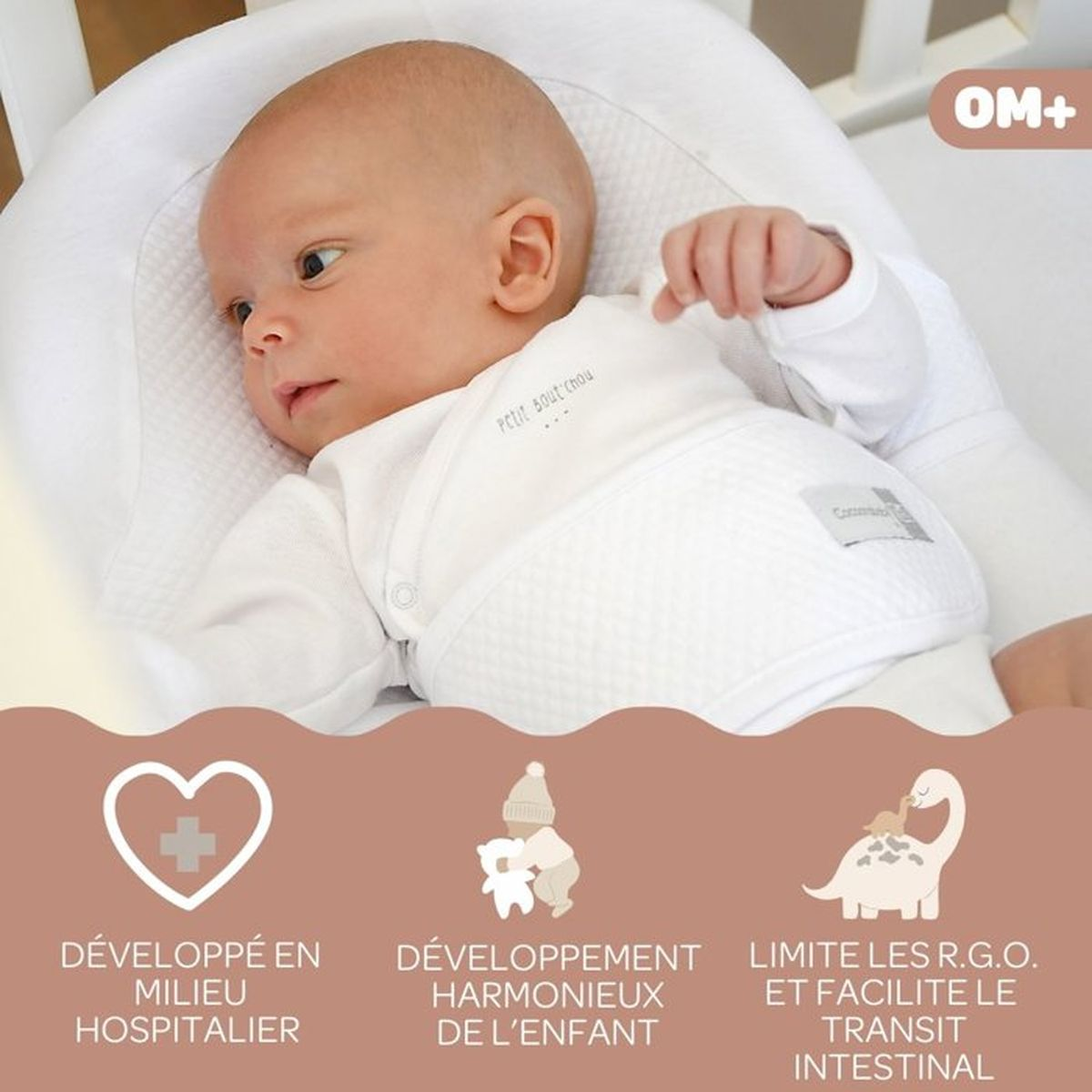 Ein Baby liegt auf dem Rücken in einer weißen Babywanne, mit erklärenden Symbolen unten.