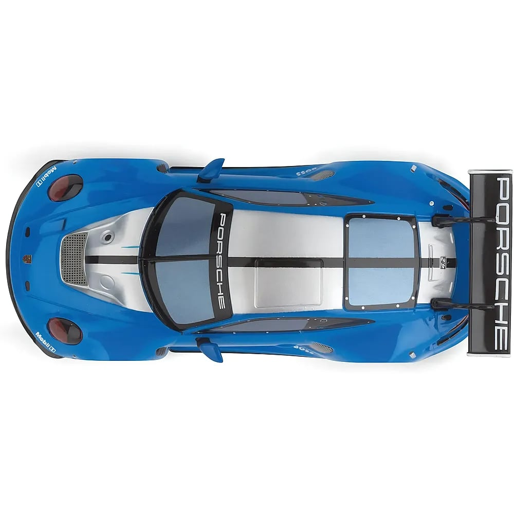 Blaue Porsche-Rennwagen-Miniatur von oben mit breitem Heckspoiler und silbernen Rennstreifen.