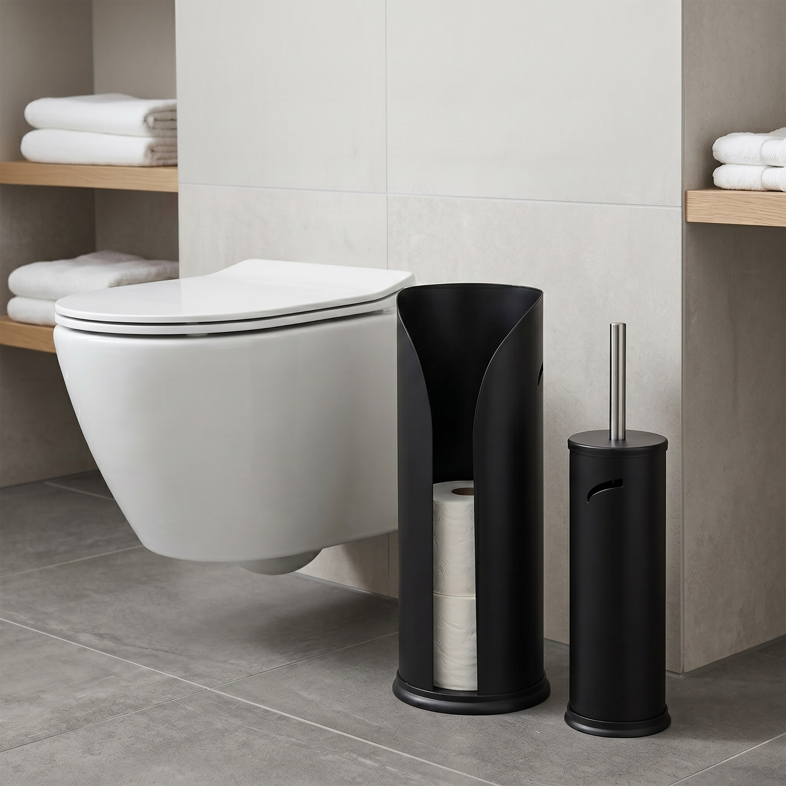 Moderne weiße Toilette mit schwarzem Toilettenpapierhalter und Bürste in minimalistischem Bad.