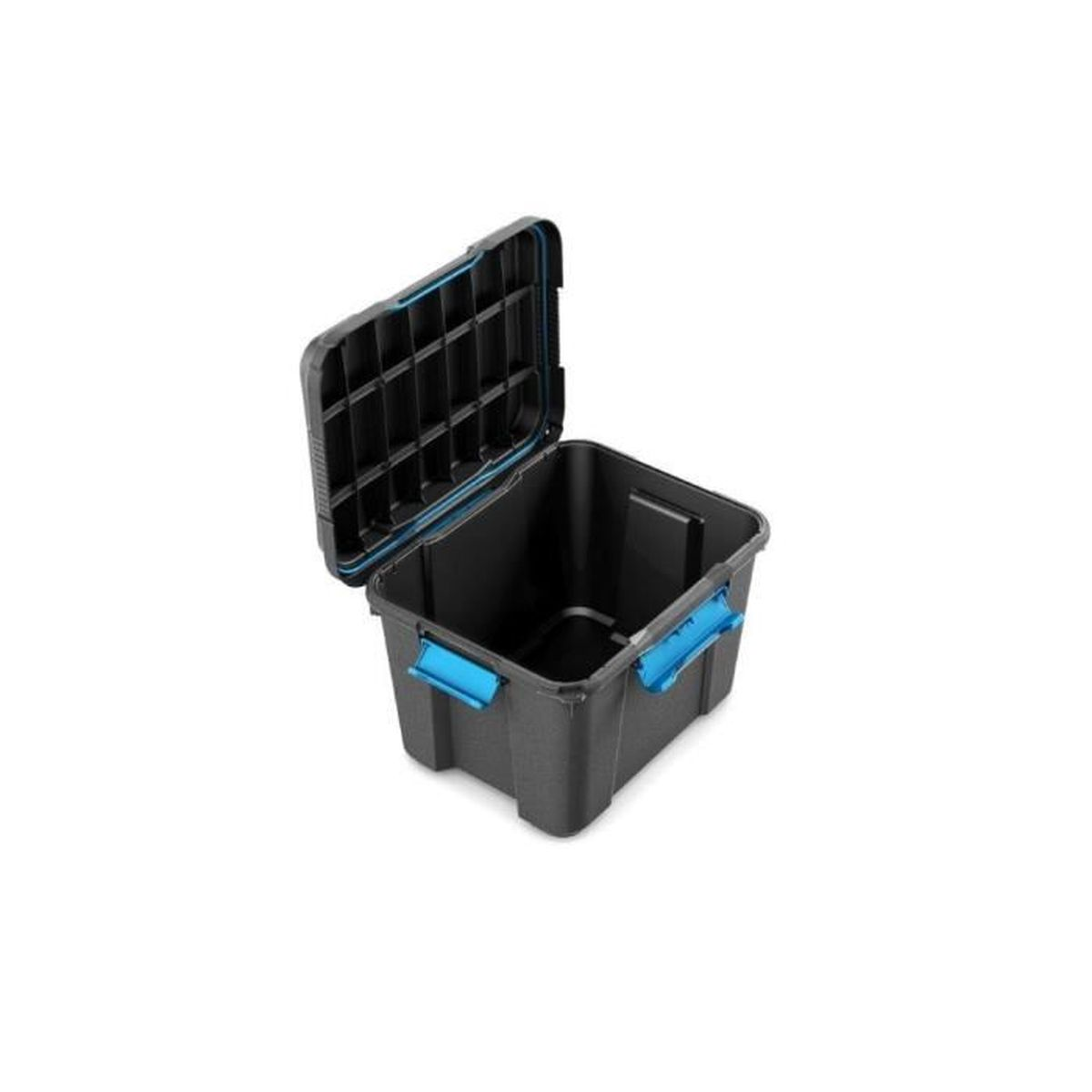 Eine offene, schwarze Kunststoff-Aufbewahrungsbox mit hellblauen Verschlüssen an den Seiten vor weißem Hintergrund.