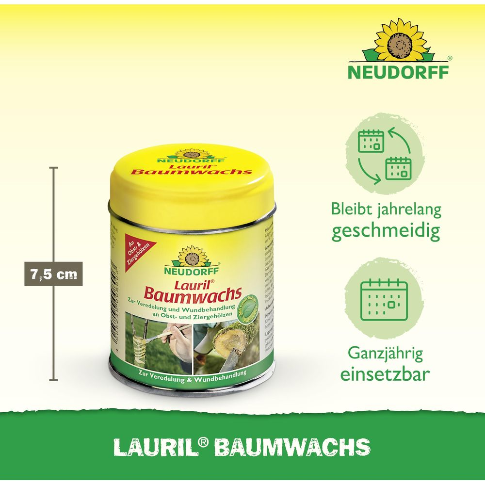 Gelbe Dose Neudorff Lauril Baumwachs, 7,5 cm hoch, mit Anwendungssymbolen und Produkttext auf grünem Hintergrund.