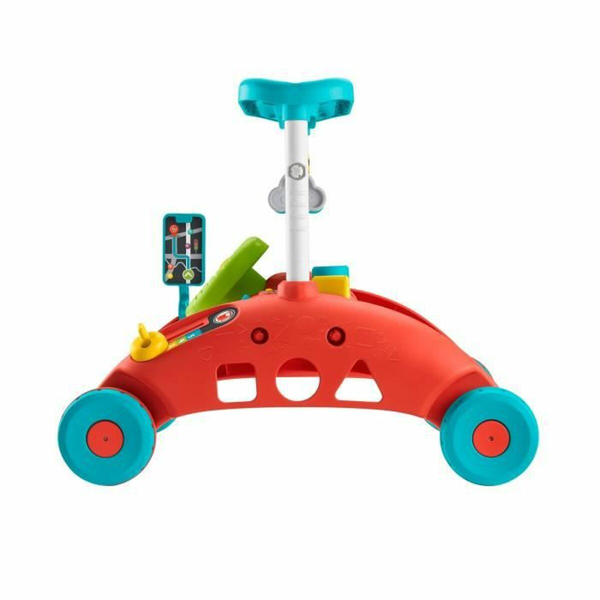 Ein rot-türkisfarbener Kinderspielzeug-Roller mit vier großen Rädern, einer Sitzfläche und Verkehrsschild-Details auf weißem Grund.