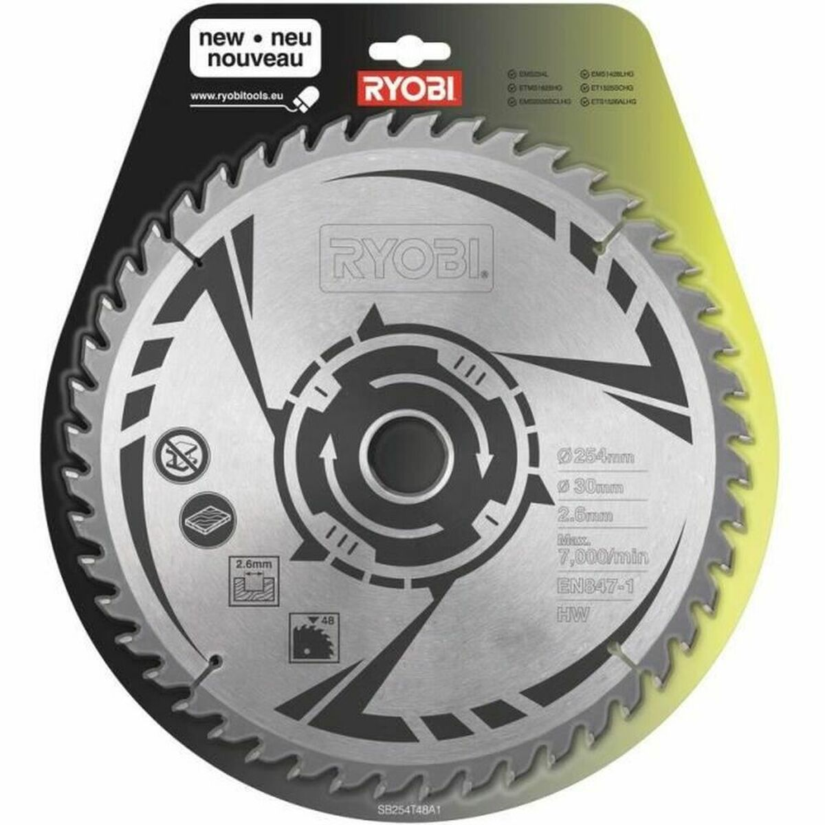 Ryobi Kreissägeblatt in Verpackung mit Angaben zu Durchmesser und Zähnen.