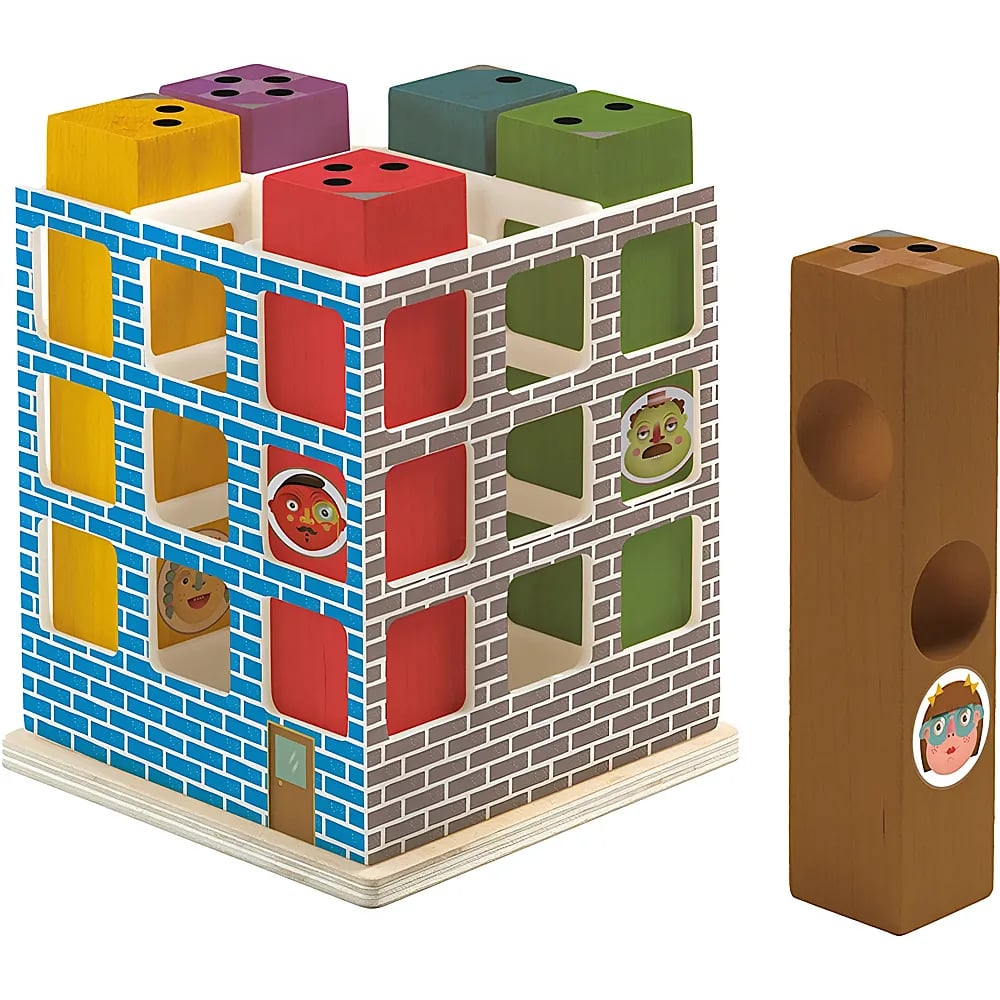 Ein hölzernes Steckspiel in Gebäudeform mit bunten Blöcken und Fenstern.