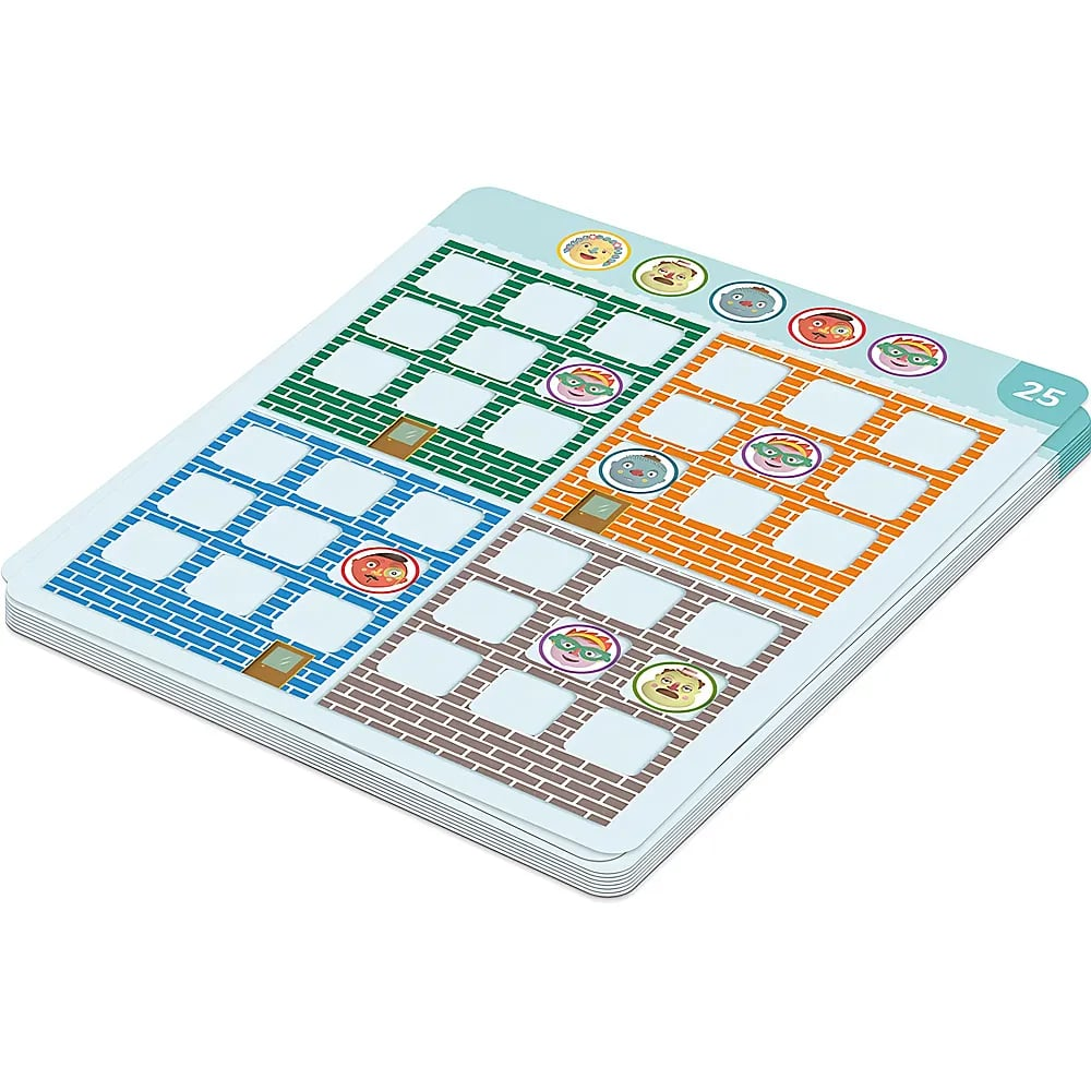 Ein Brettspiel mit vier farbigen Häusern, Fenstern und Charakteren oben.