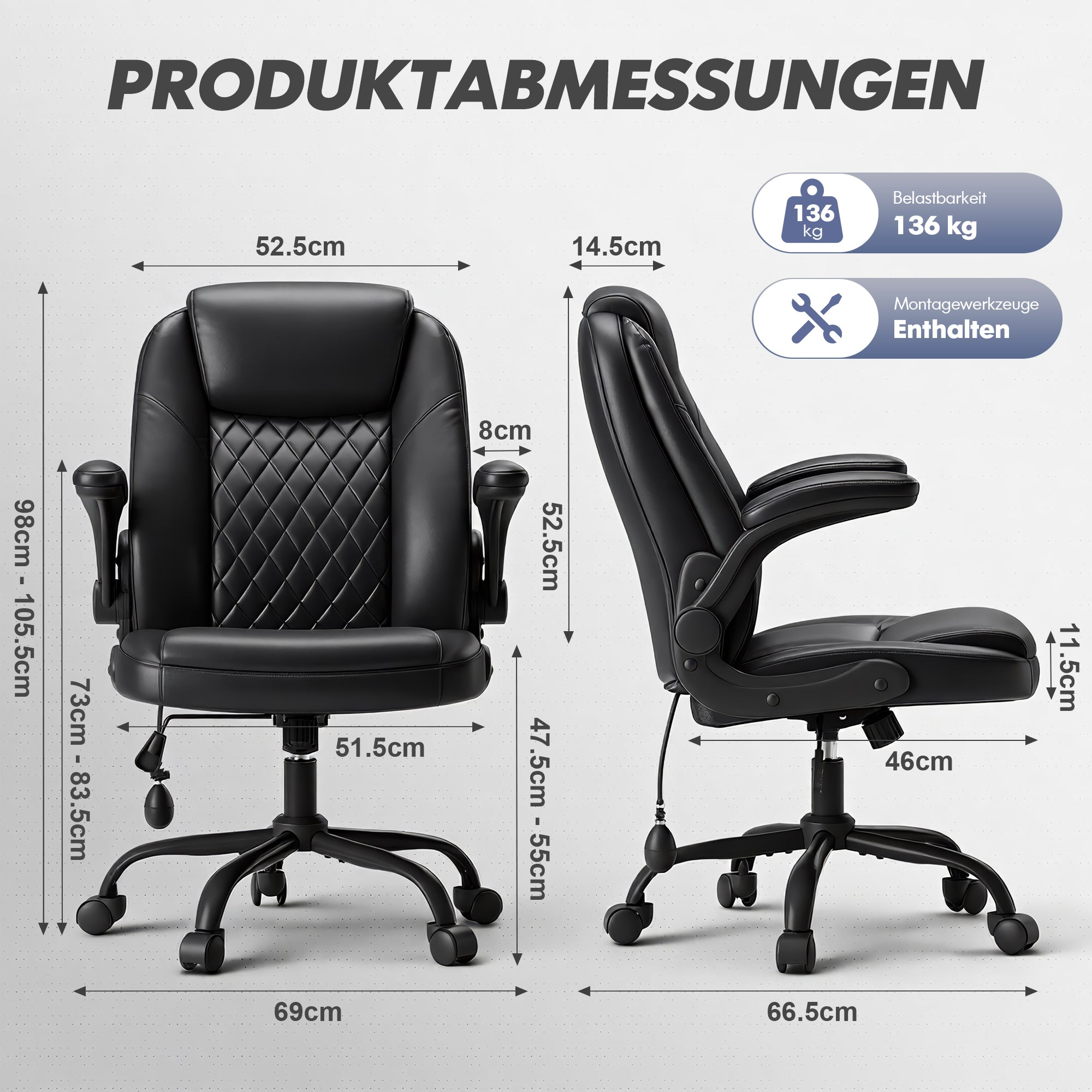Diagramm der Produktabmessungen eines schwarzen Chefsessels mit Maßangaben für Höhe, Breite und Belastbarkeit.