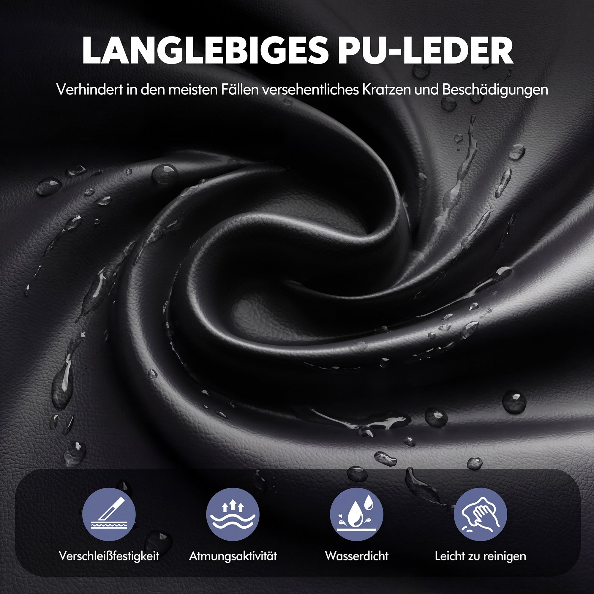 Schwarzes PU-Leder mit Wassertropfen und Textoverlays für Haltbarkeit und Pflege.