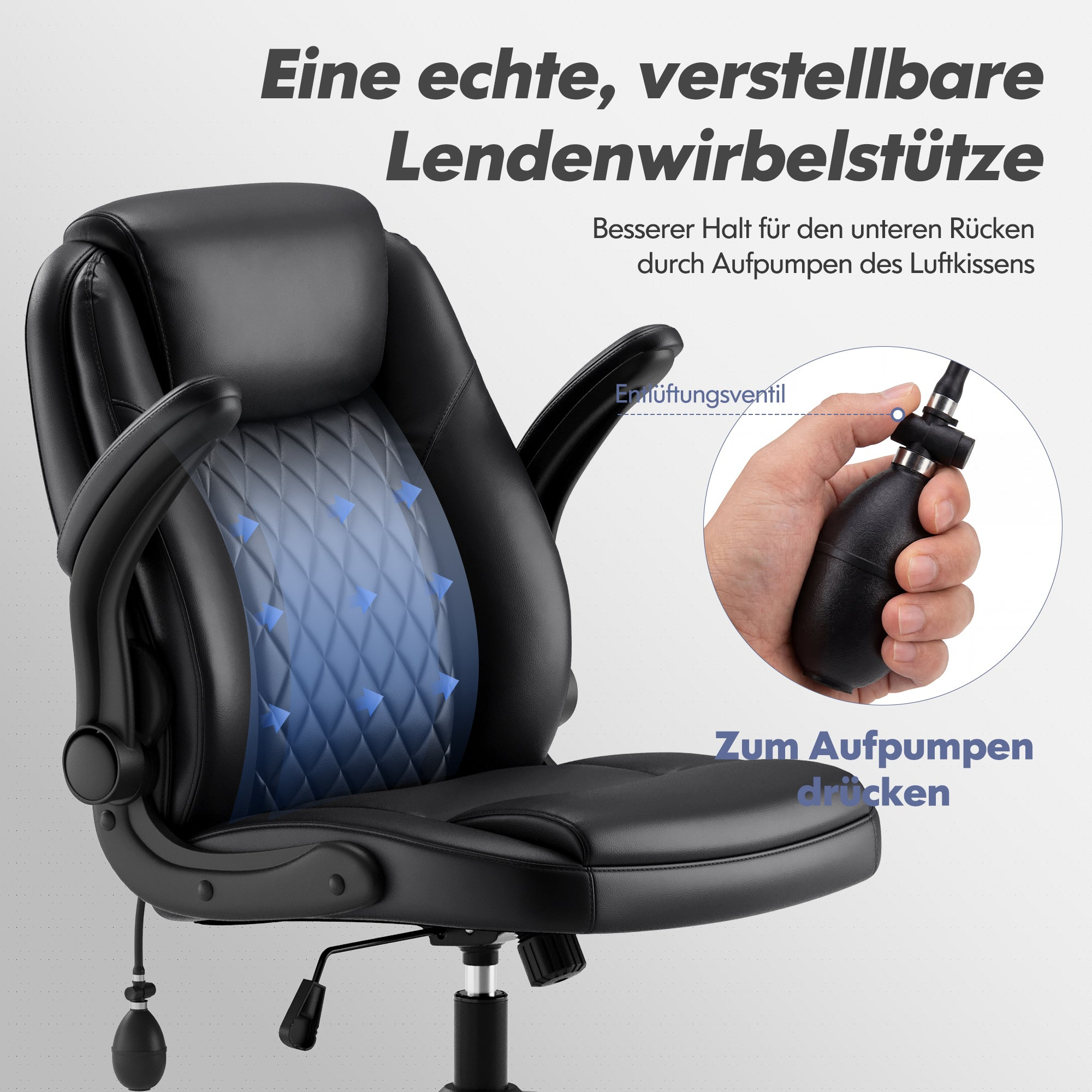 Schwarzer Buerostuhl mit verstellbarer Lendenwirbelstuetze und Handpumpe zum Aufpumpen.